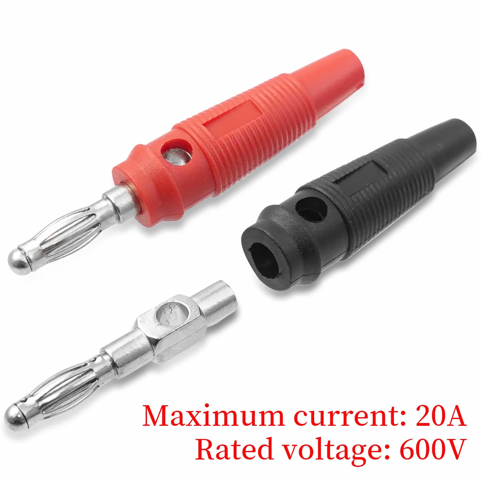20 sztuk 4 mm Złącze głośnika bananowego, bez lutowania, 20 A wtyki bananowe do głośników, wzmacniaczy, odbiorników AV, systemów stereo HiFi, 10, czarny i 10, czerwony