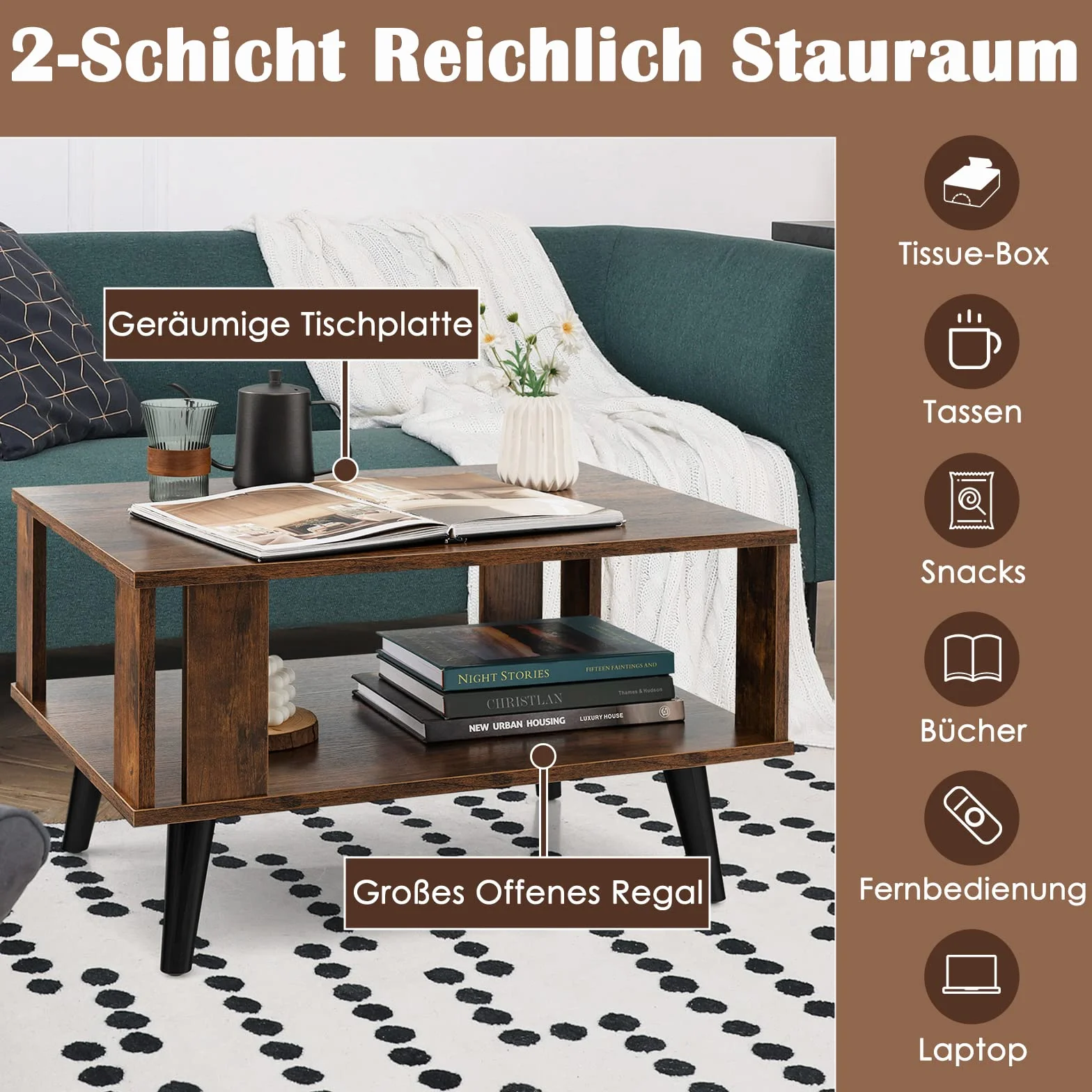COSTWAY Stolik kawowy 2 poziomy industrialny prostokątny 70 x 50 x 41 cm