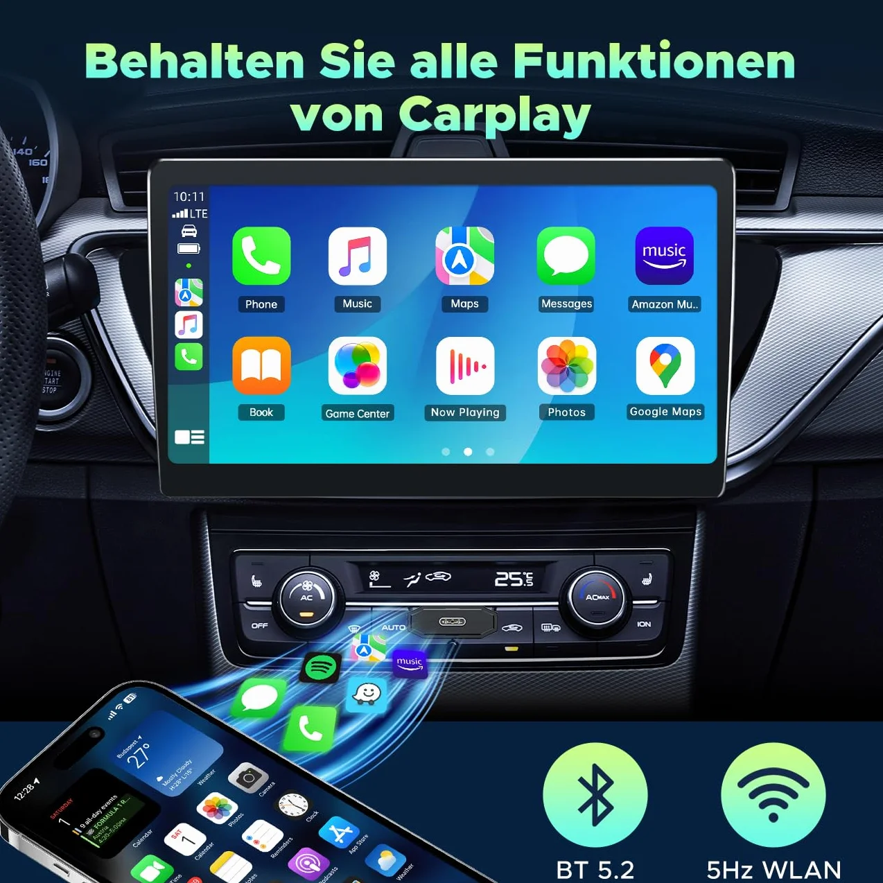 Lamto Carplay Adapter Android Auto 2 w 1 do CarPlay i Android Auto,Bezprzewodowy Klucz Sprzętowy CarPlay Konwertuje Połączenie Przewodowe na Bezprzewodowe, Plug&Play, Obsługuje iOS 10+ i Android 11+