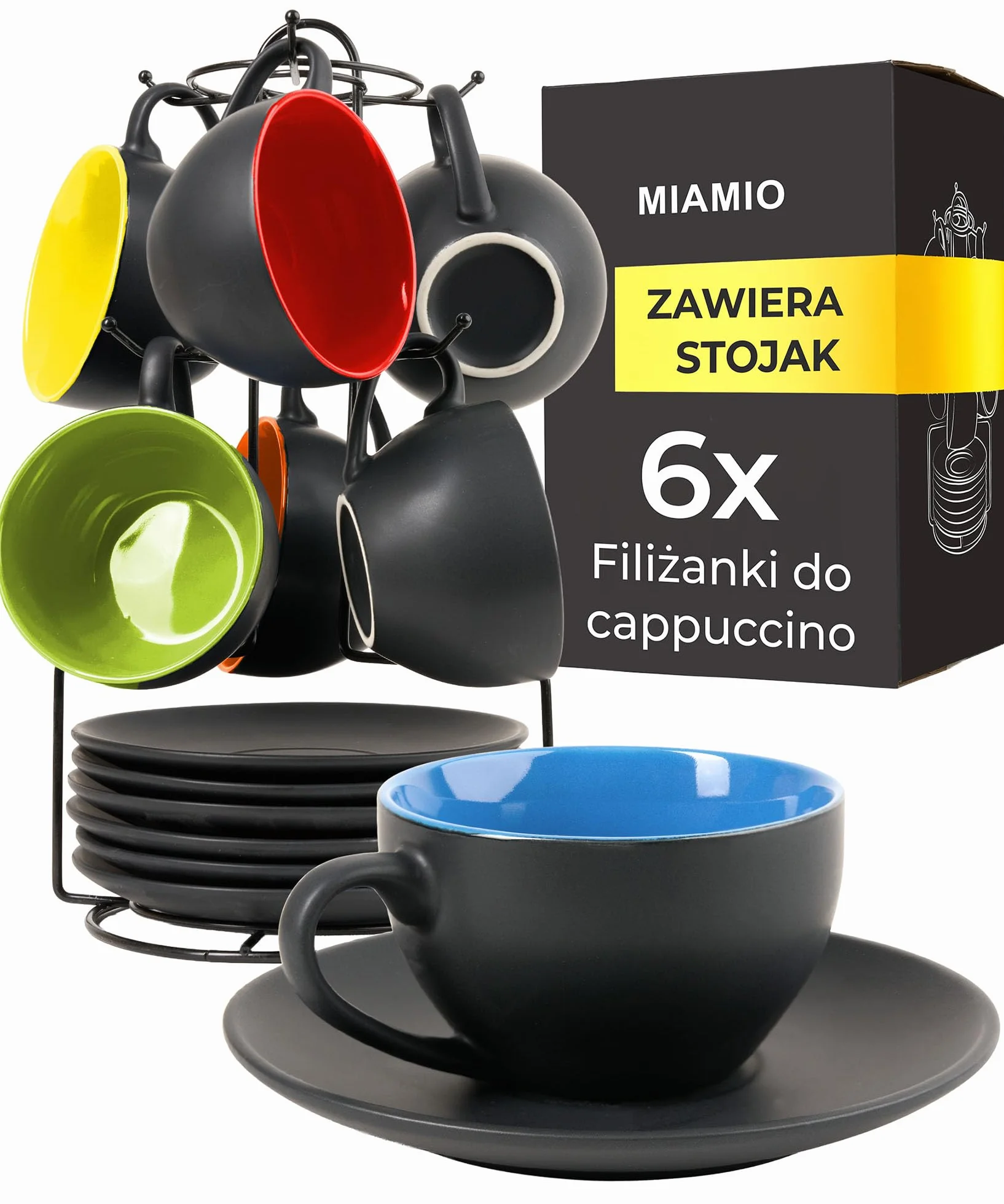 MIAMIO - 6 x 175 ml filiżanek do cappuccino/zestaw filiżanek do cappuccino Na zewnątrz czarne Wewnątrz kolorowe - Kolekcja Le Papillon (Mieszane)