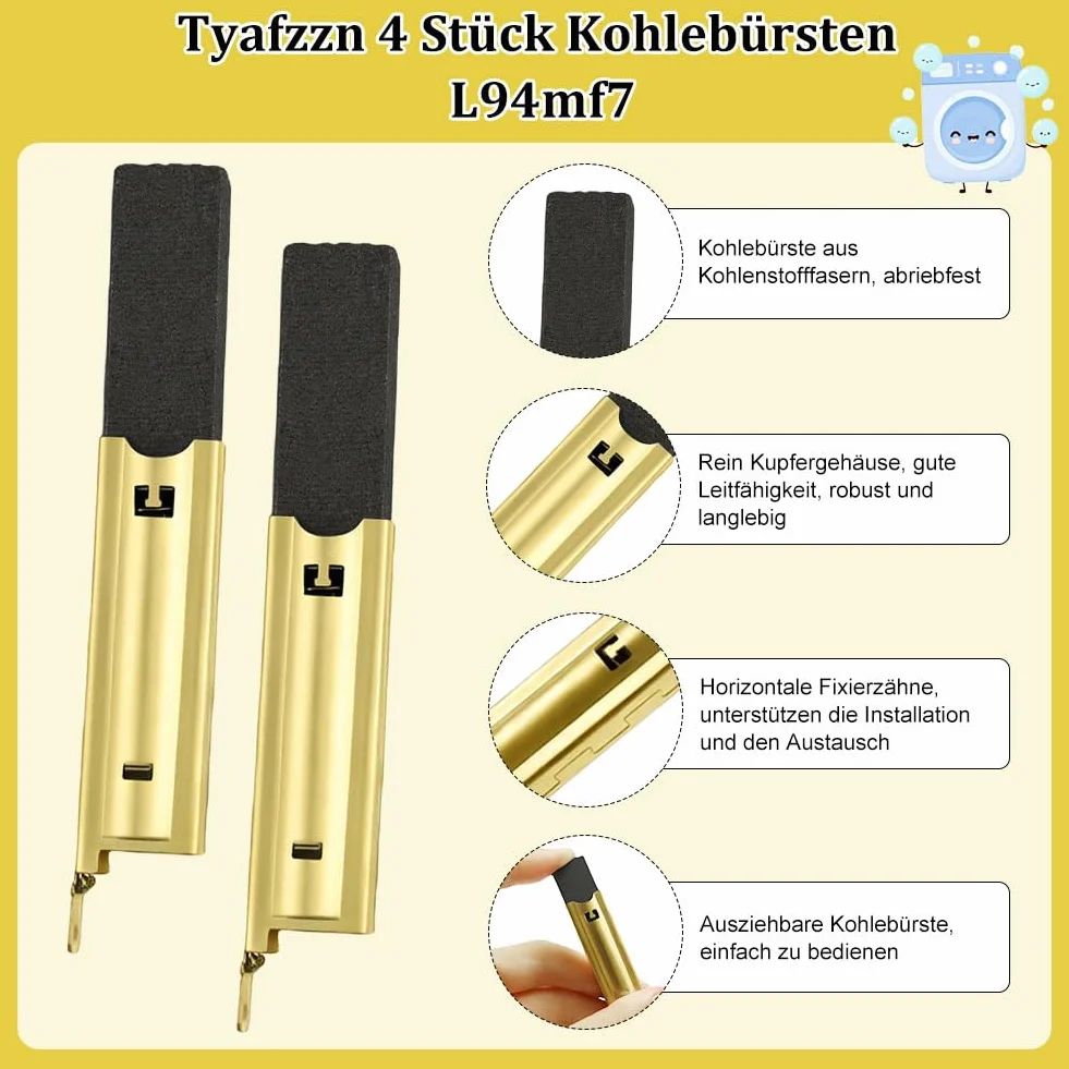 4 sztuki szczotek węglowych L94MF7, szczotki z włókna węglowego do pralki, zapasowe szczotki węglowe do silnika elektrycznego, wkładki do silników silnikowych, szczotki wysuwane, trwała wydajność, 5 x