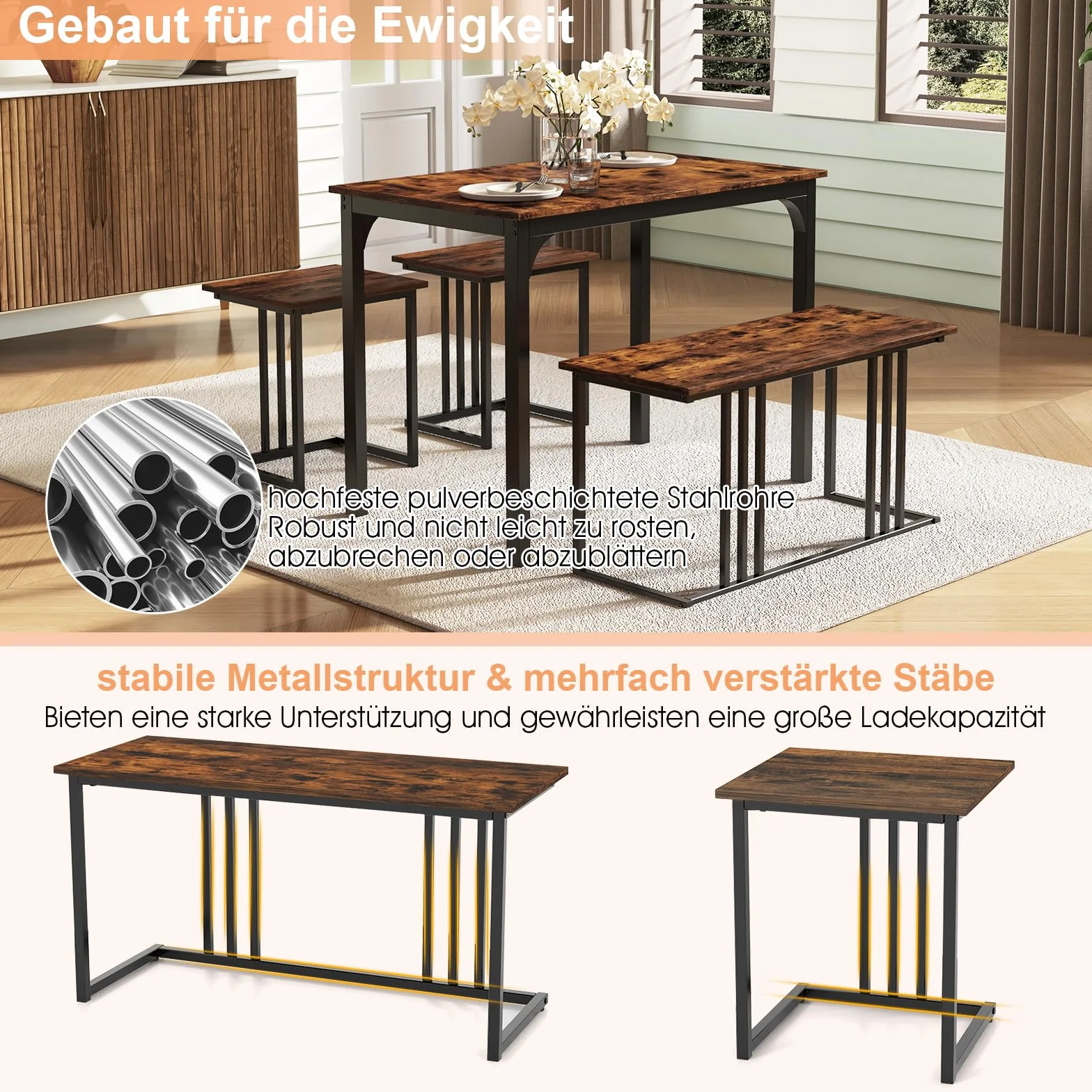 COSTWAY Stół do jadalni z ławką i 2 taboretami, zestaw 4 szt., stół kuchenny, przemysłowy zestaw do jadalni, restauracji, stół barowy z krzesłami, zestaw mebli do siedzenia w stylu vintage (120 x 60 x