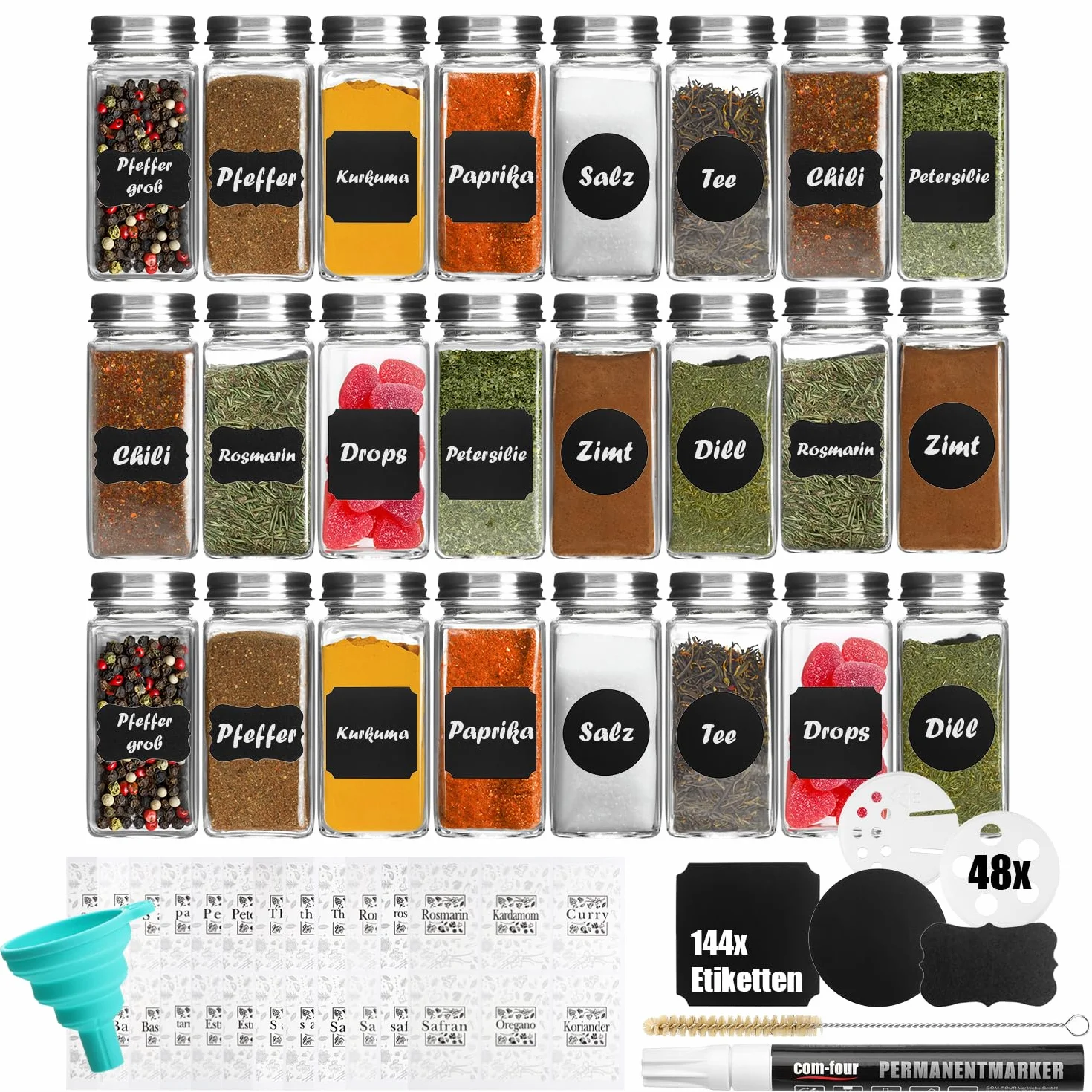 COM-FOUR® 24x sloiczki na przyprawy z akcesoriami - szklana kontrola przypraw 120 ml, nasadki do zraszania, pedzelek, lejek, etykiety, dlugopis (24 sztuki okularów z akcesoriami)