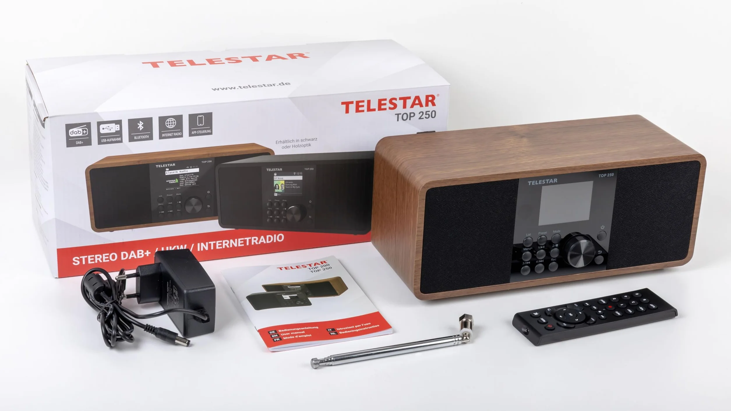 TELESTAR TOP 250 – DAB+/radio internetowe (stereo, 2 × 10 W, funkcja nadawania/odbioru Bluetooth, nagrywanie USB, system alarmowy, sterowanie aplikacją) – drewno