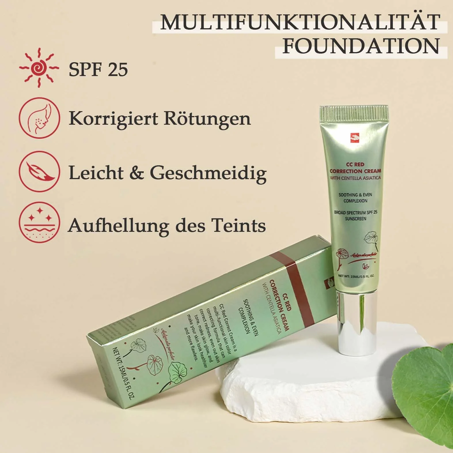 CC Cream Red Correct, krem CC przeciwko zaczerwienieniom z Centella Asiatica, koreański podkład do makijażu z SPF 25, korektor Full Cover o działaniu uspokajającym, zapewnia naturalnie równomierny