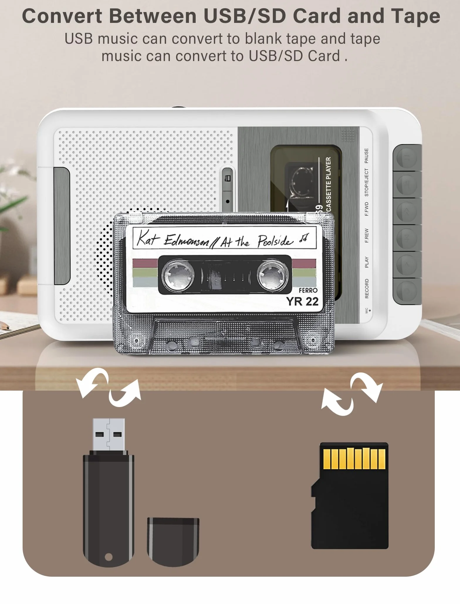 Konwerter magnetofonowy, przenośna kaseta do muzyki MP3 za pomocą dysku U/karty SD lub komputera, nagrywanie na kasety/USB/kartę SD za pomocą mikrofonu, magnetofon kasetowy z gniazdem słuchawkowym