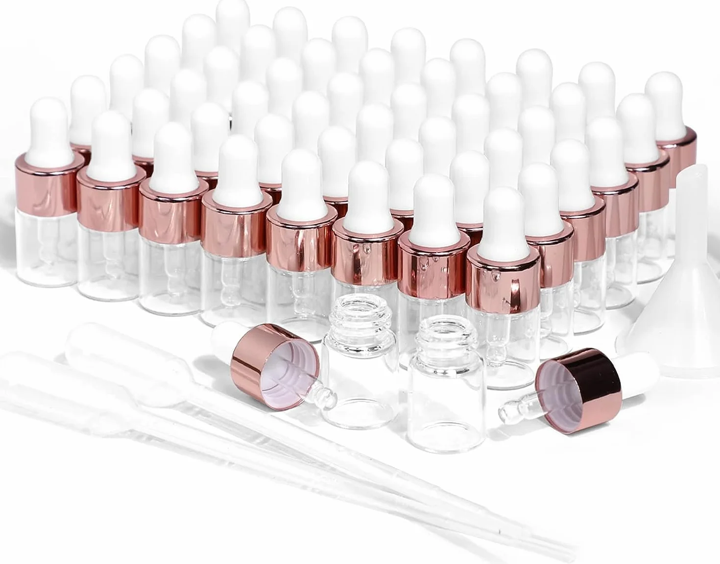 50 sztuk 2 ml szklane butelki z pipetą, mała pusta butelka na olejek do paznokci, miniaturowy szklany pojemnik do pobierania próbek, olejki eteryczne i kosmetyki DIY