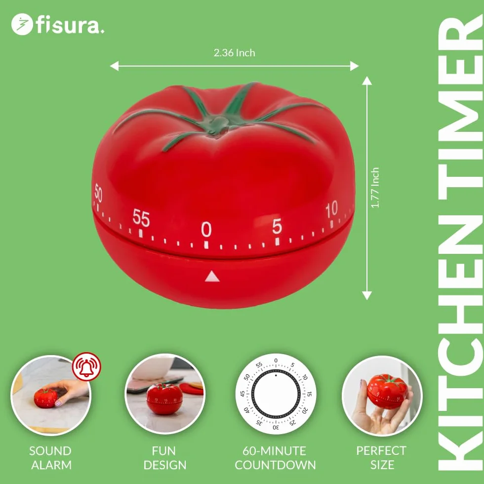 Fisura – Oryginalny minutnik kuchenny w kształcie pomidora. Timer ręczny analogowy 60 minut. Pomoc do gotowania, nauki, zabawy i pracy metodą Pomodoro.