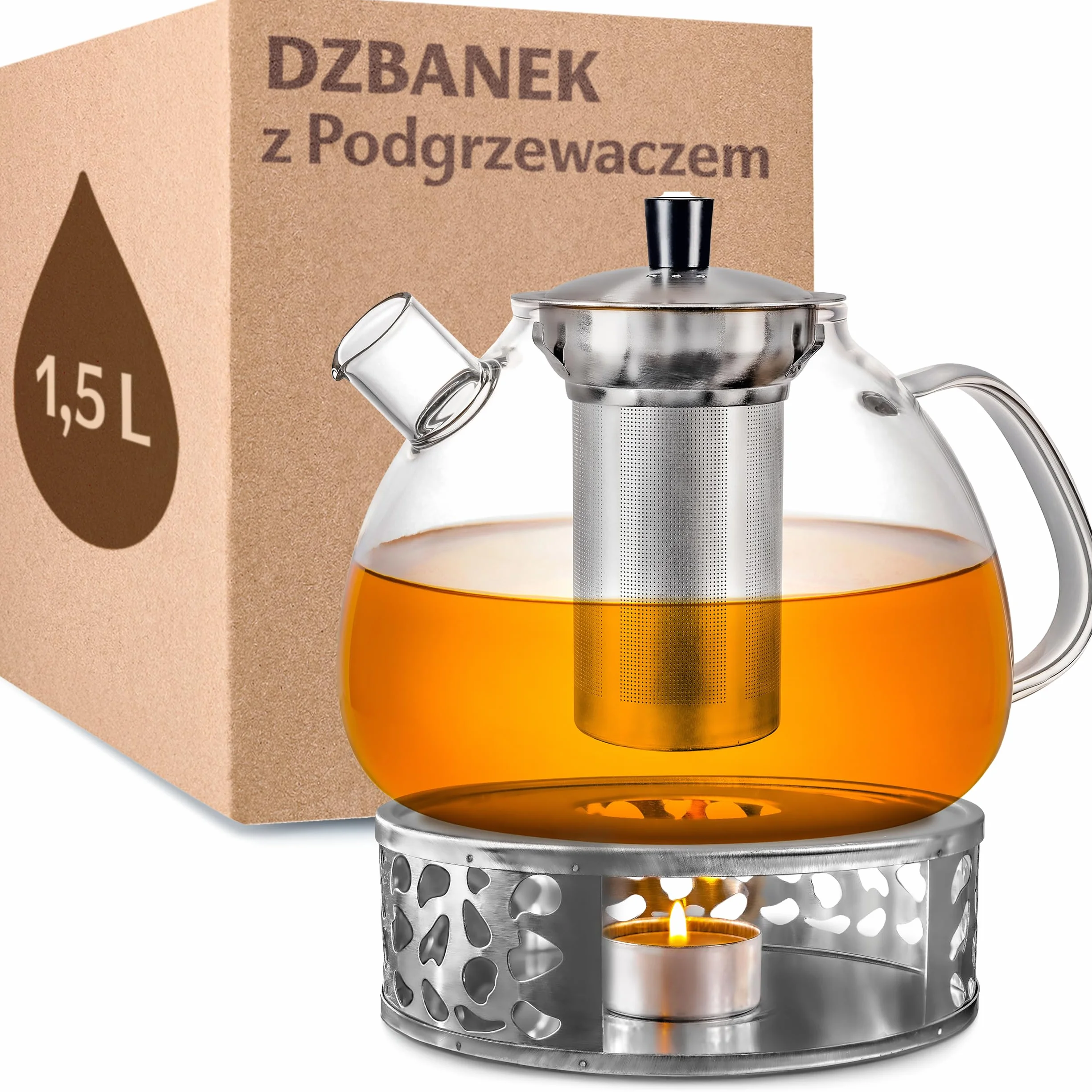 Cosumy Szklany Dzbanek 1,5 L z Podgrzewaczem w pudełku upominkowym - Wkład z sitkiem ze stali nierdzewnej