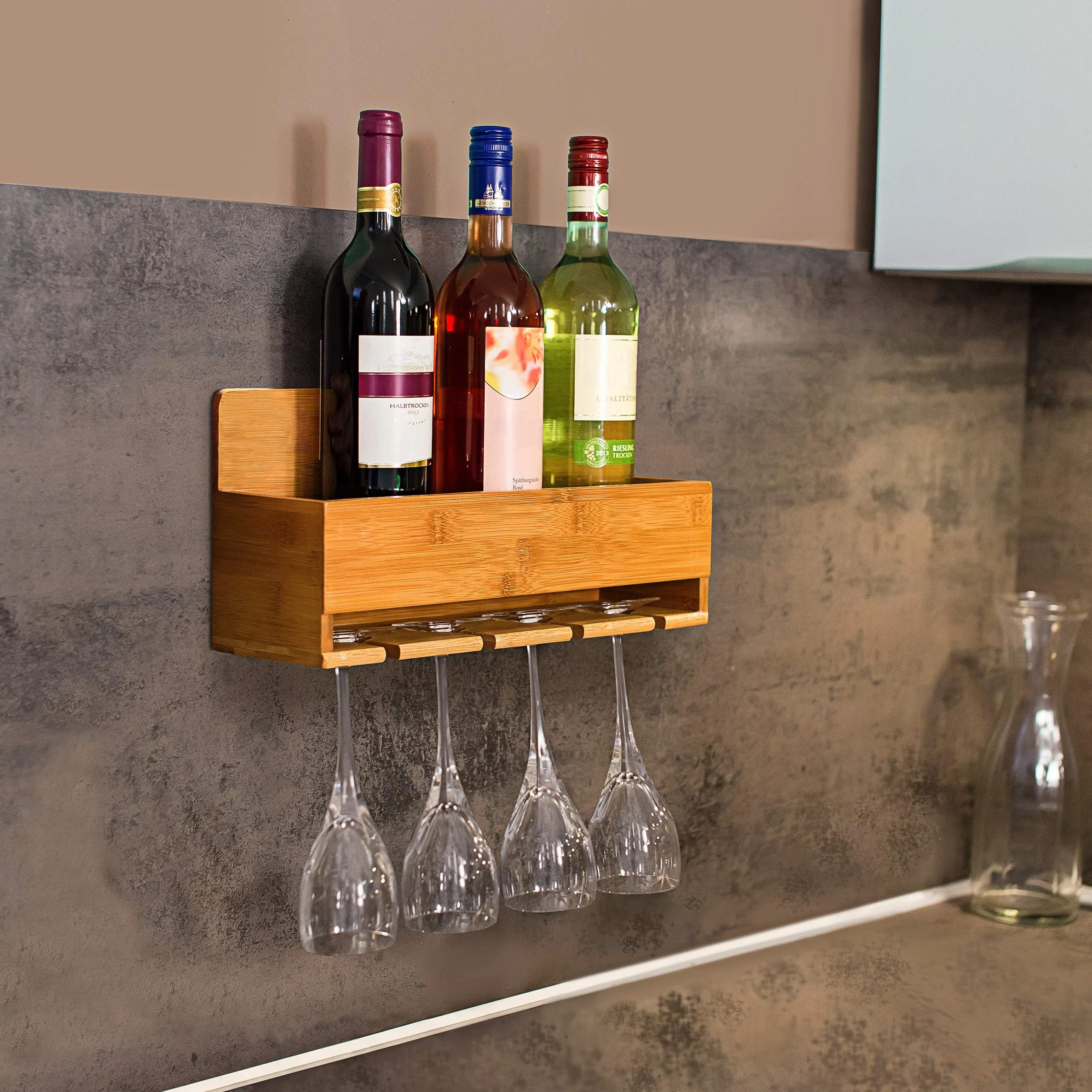 Relaxdays Regał na wino z uchwytem na szkło 17x37x11,5 cm bambus na 4 butelki i 4 szklanki wiszący
