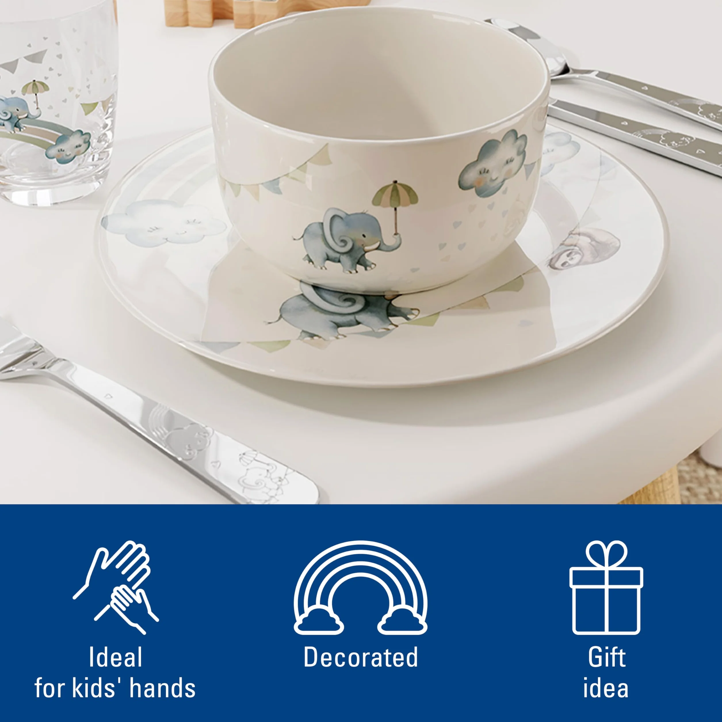 Villeroy & Boch - Boho kids "Walk like an elephant" Komplet naczyń dla dzieci 7 szt.,z porcelany i sztućce ze stali nierdzewnej, Nadaje się do kuchenki mikrofalowej i zmywarki, Wielokolorowy