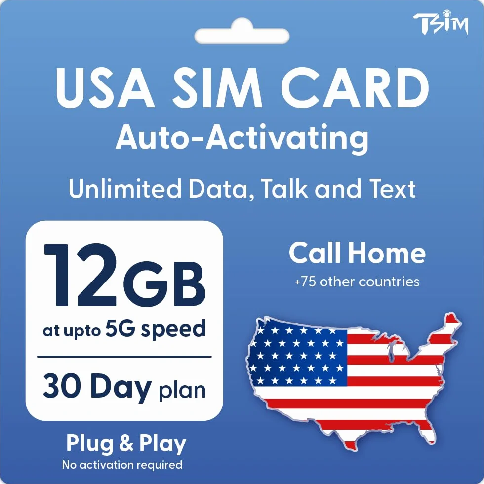 Karta SIM USA 30 dni | Automatyczna aktywacja wstępnie załadowana | Bezpłatny dzwonek do domu | Nieograniczone dane/połączenia/wiadomości z Tethering/Hotspot/Udostępnianie Internetu (12GB przy