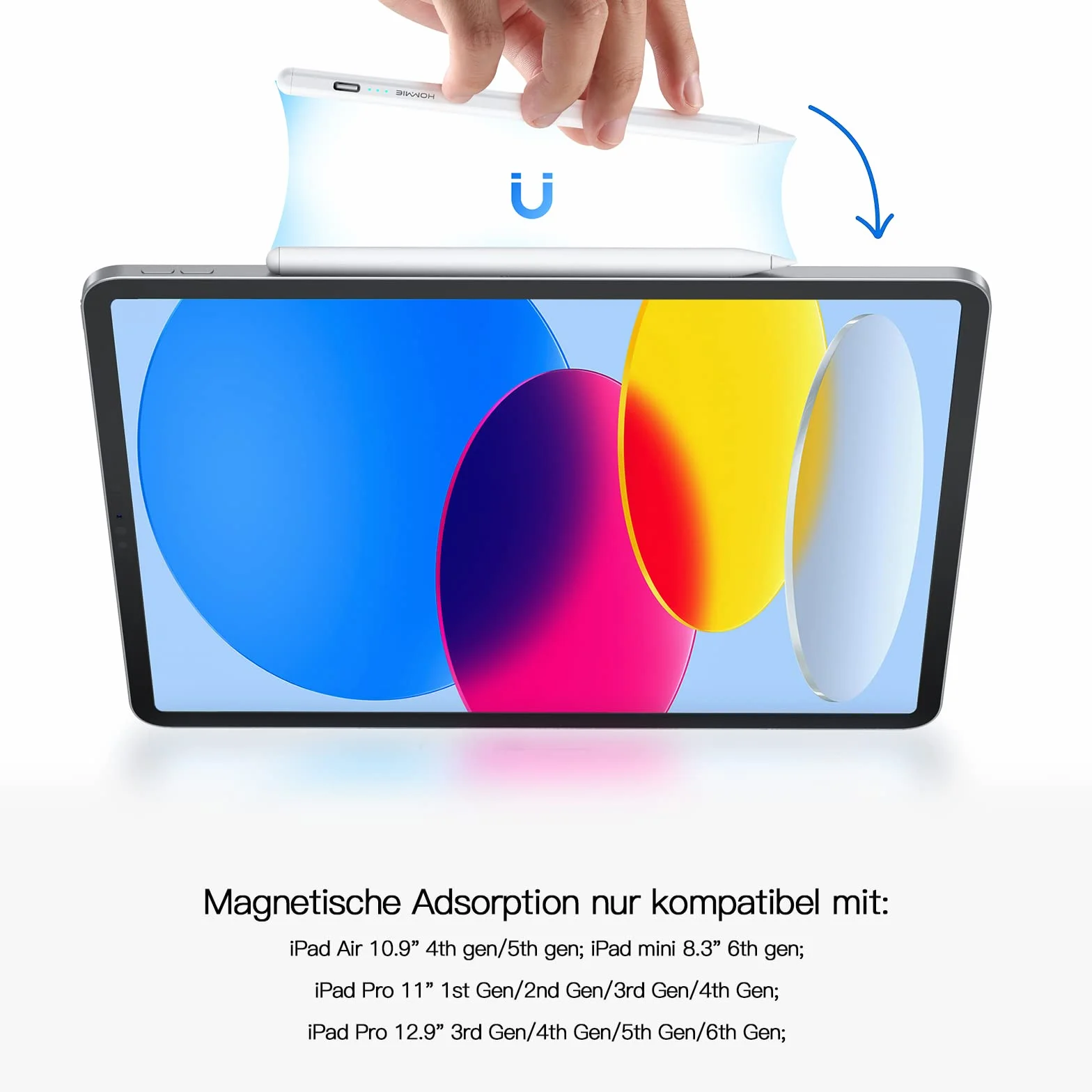 Hommie Pióro iPad do Apple iPad 2018-2023, długopis iPad z 3 diodami LED, 5 min szybkie ładowanie, mocowanie magnetyczne, odrzucenie dłoni do iPada 6, 7, 8, 9, 10/Mini 5,6/iPad Air 3,4, 5/Pro 3/4/5/6