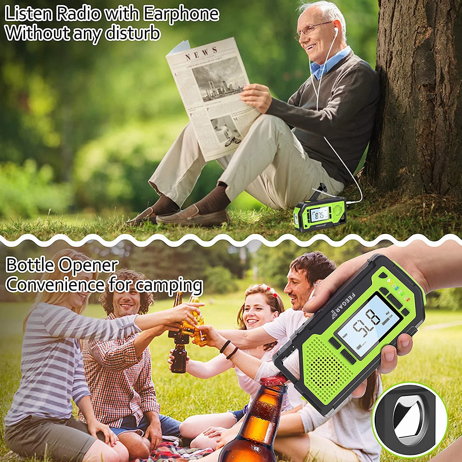 Radio z korbą Feegar Oze Pro na wypadek sytuacji awaryjnych, radio pogodowe AM/FM przenośne, survivalowe z latarką LED, powerbank 2000mAh, alarm SOS, USB, jack 3.5mm, otwieracz do butelek
