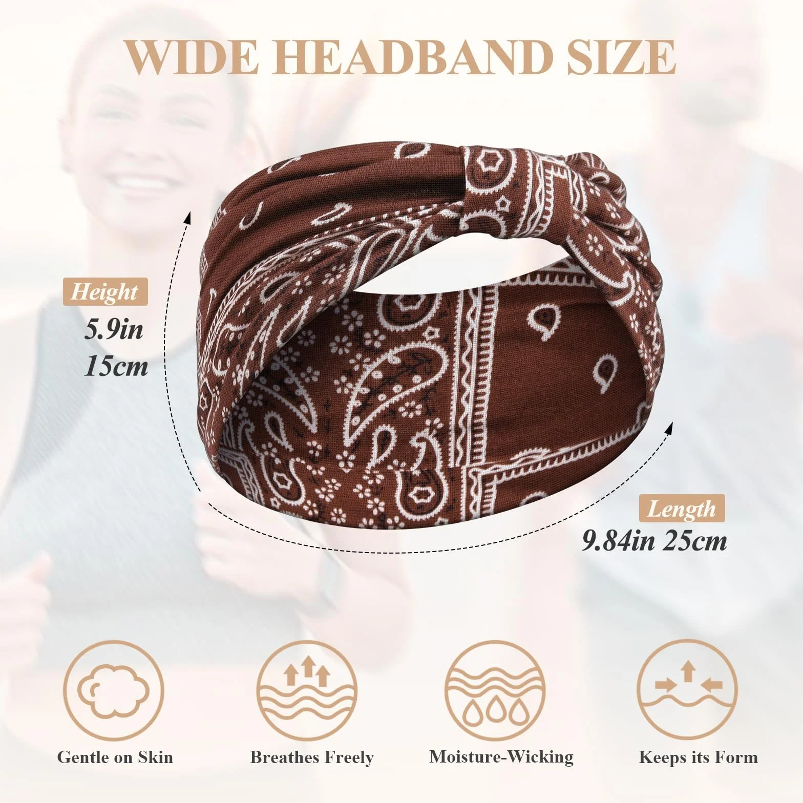 Opaski do Włosów dla Kobiet, Elastyczne Opaski Szerokość 15 cm, Wzór Paisley, 4 Sztuki, do Jogi i Sportu (Khaki, zielony, szary, brązowy)