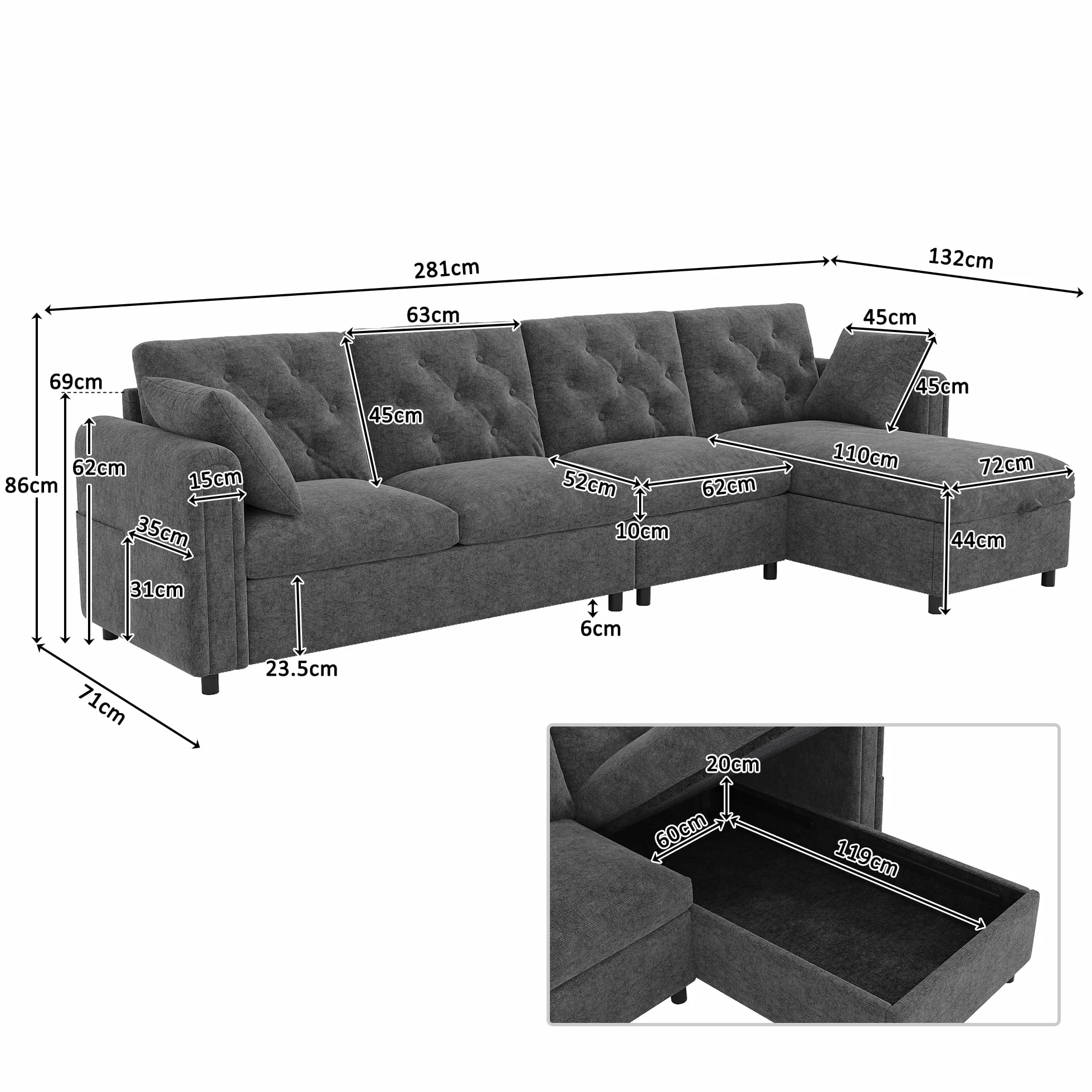 Aksamitna sofa L-kształtna z miejscem do przechowywania, regulowana, szara