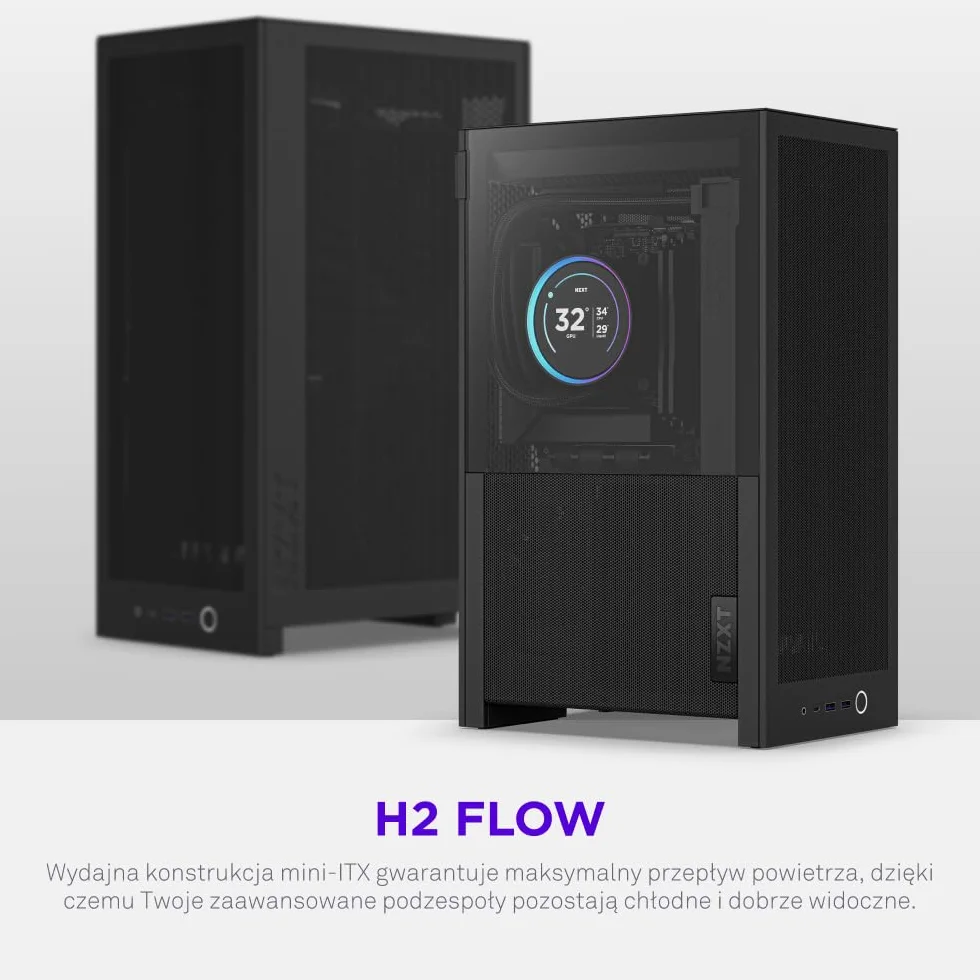 NZXT H2 Flow – obudowa PC Mini-ITX 20,7 l o wysokim przepływie powietrza – zawiera 2 wentylatory górne 120 mm i kabel riser PCIe 5.0 – karta graficzna 331 mm – radiator 280 mm – Czarny