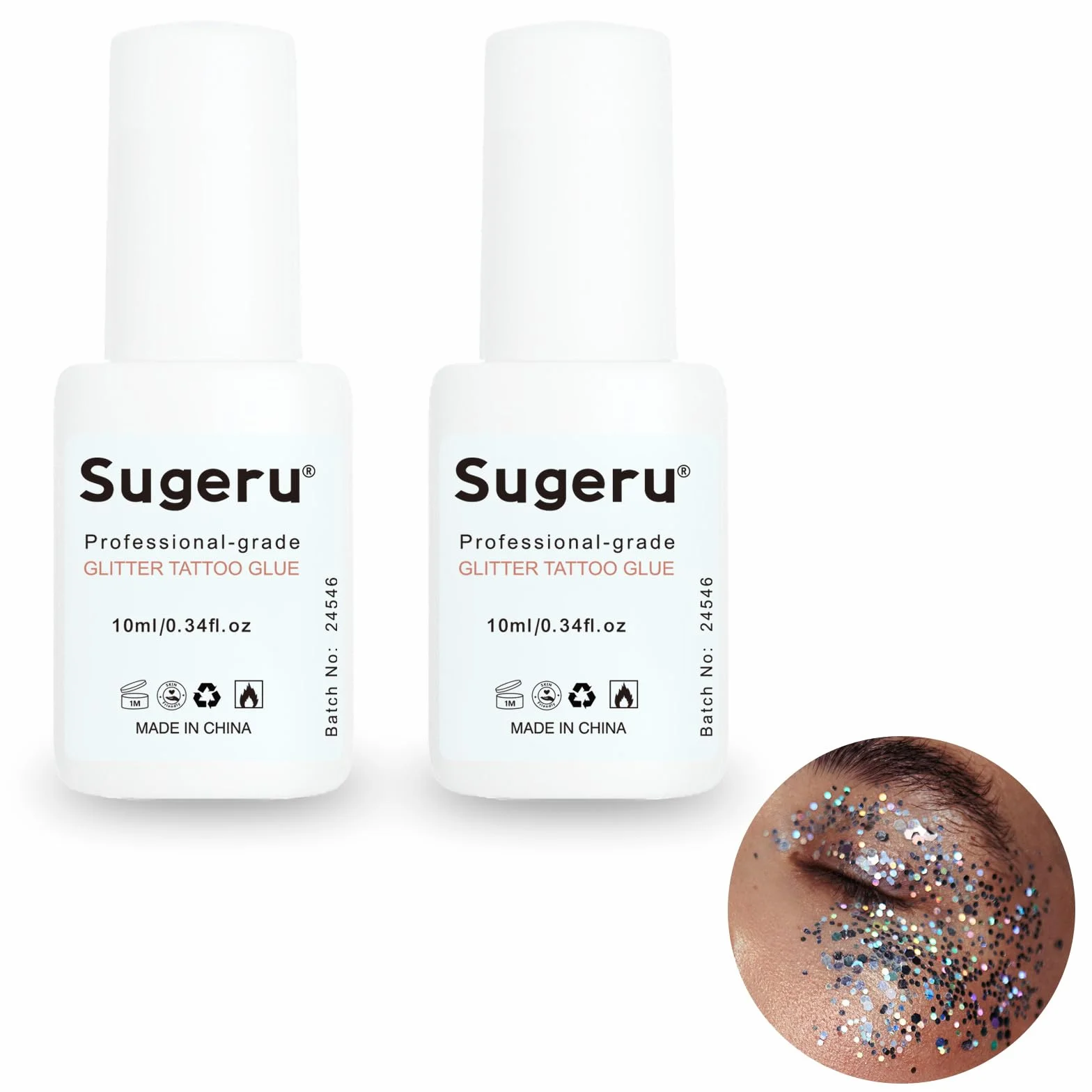 Sugeru® 2 sztuki kleju do brokatowych tatuaży (10 ml) – brokatowy klej do tatuażu – delikatny i niedrażniący – nadaje się na karnawał, imprezę, do malowania twarzy, Halloween, do odgrywania ról