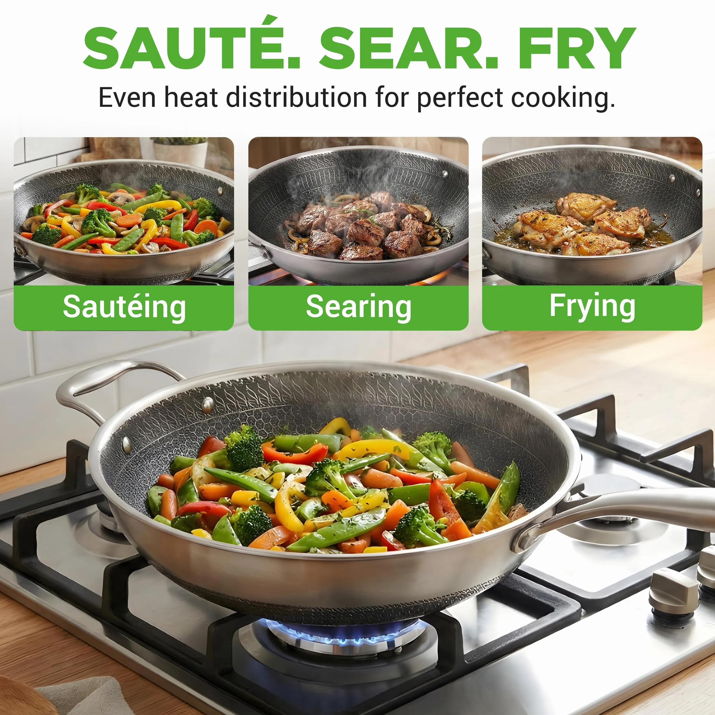 Nutrichef Wok nieprzywierający ze stali nierdzewnej 30 cm, szklana pokrywka, kompatybilny indukcyjnie