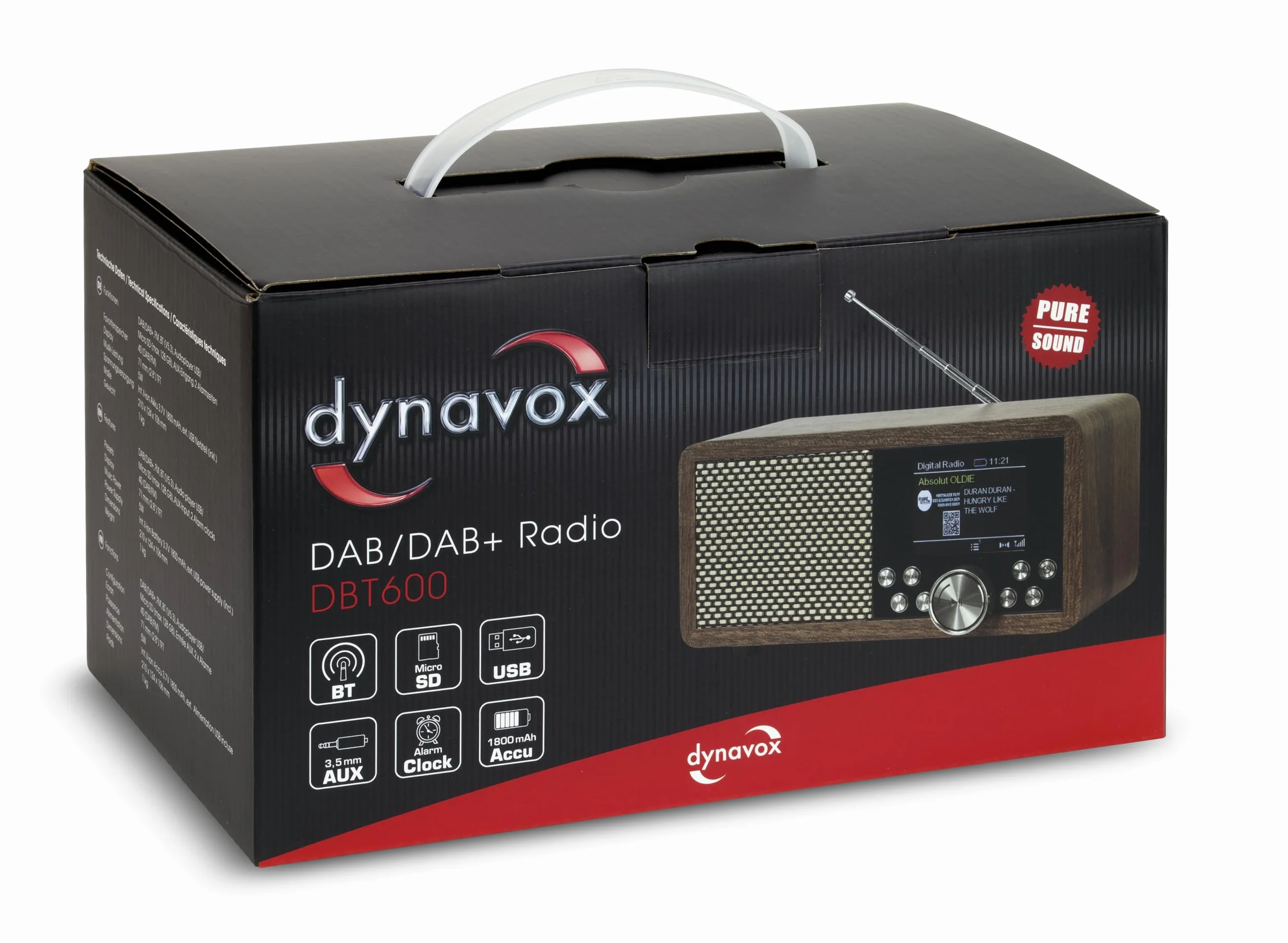 Przenośne radio Dab+ Dynavox DBT600, wbudowane radio FM, do kuchni, łazienki, biura, funkcja budzika, ekran TFT, zasilacz sieciowy, gniazdo USB i karta SD, wykończenie o wyglądzie drewna