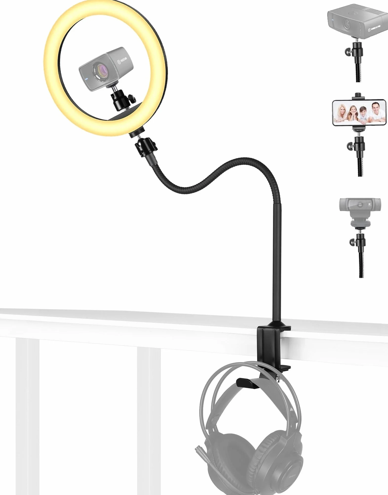 Facecam Webcam Ring Light Stand, składane ramię 61 cm i lampa do selfie 26 cm z haczykiem na słuchawki kompatybilny z kamerami internetowymi Elgato Facecam, Facecam pro
