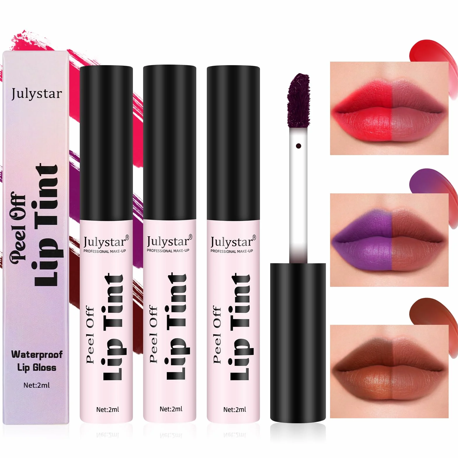 LOPHE Lip Tint Peel Off, zestaw 3 kolorów do ust, dla kobiet Odcień do ust, wodoodporny, matowy wykończony szminką, długotrwały błyszczyk, wymienny błyszczyk do ust (zestaw A)