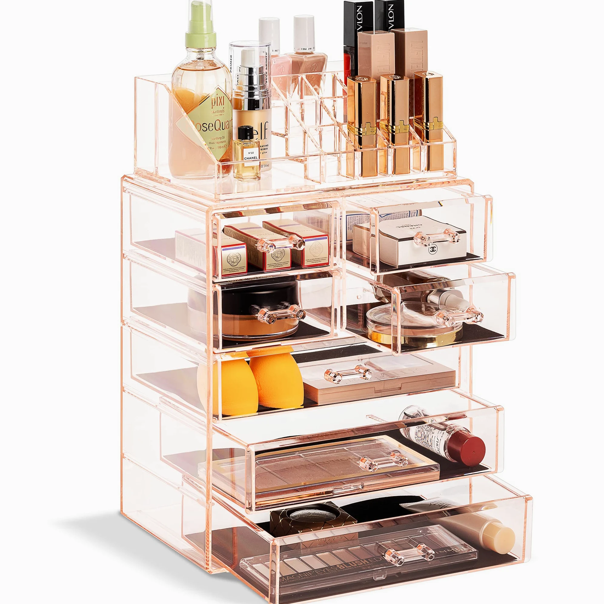 Sorbus Przezroczysty organizer na kosmetyki do makijażu - przechowywanie makijażu i biżuterii, etui i ekspozycja, przestronny design, uchwyt na komodę, łazienkę, toaletkę i blat (3 duże, 4 małe