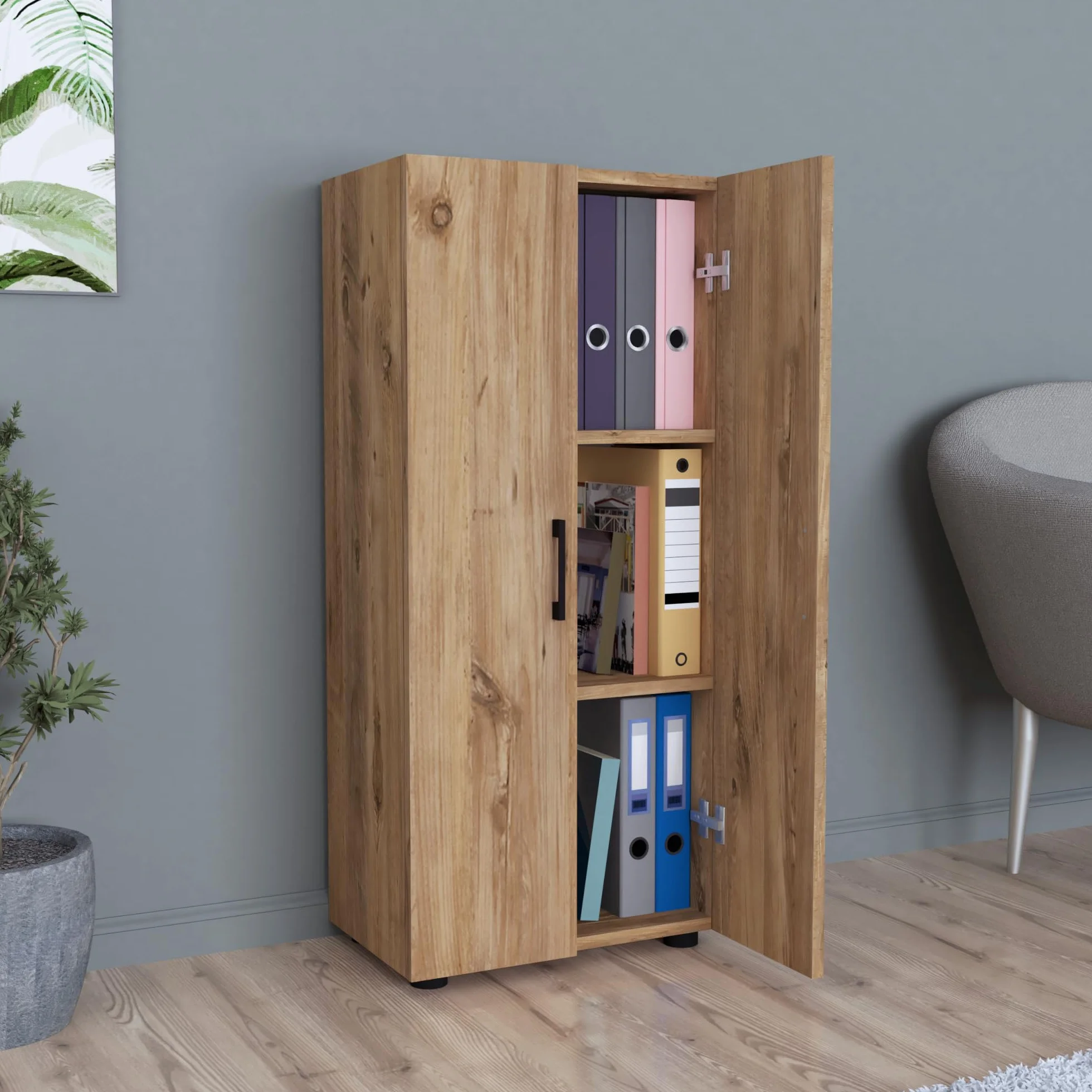 [en.casa] Åsnes szafka pomocnicza, komoda do salonu z 2 drzwiami i 3 półkami, szafka na dokumenty, szafka biurowa, szafka wielofunkcyjna, 108 x 49 x 32 cm, dąb