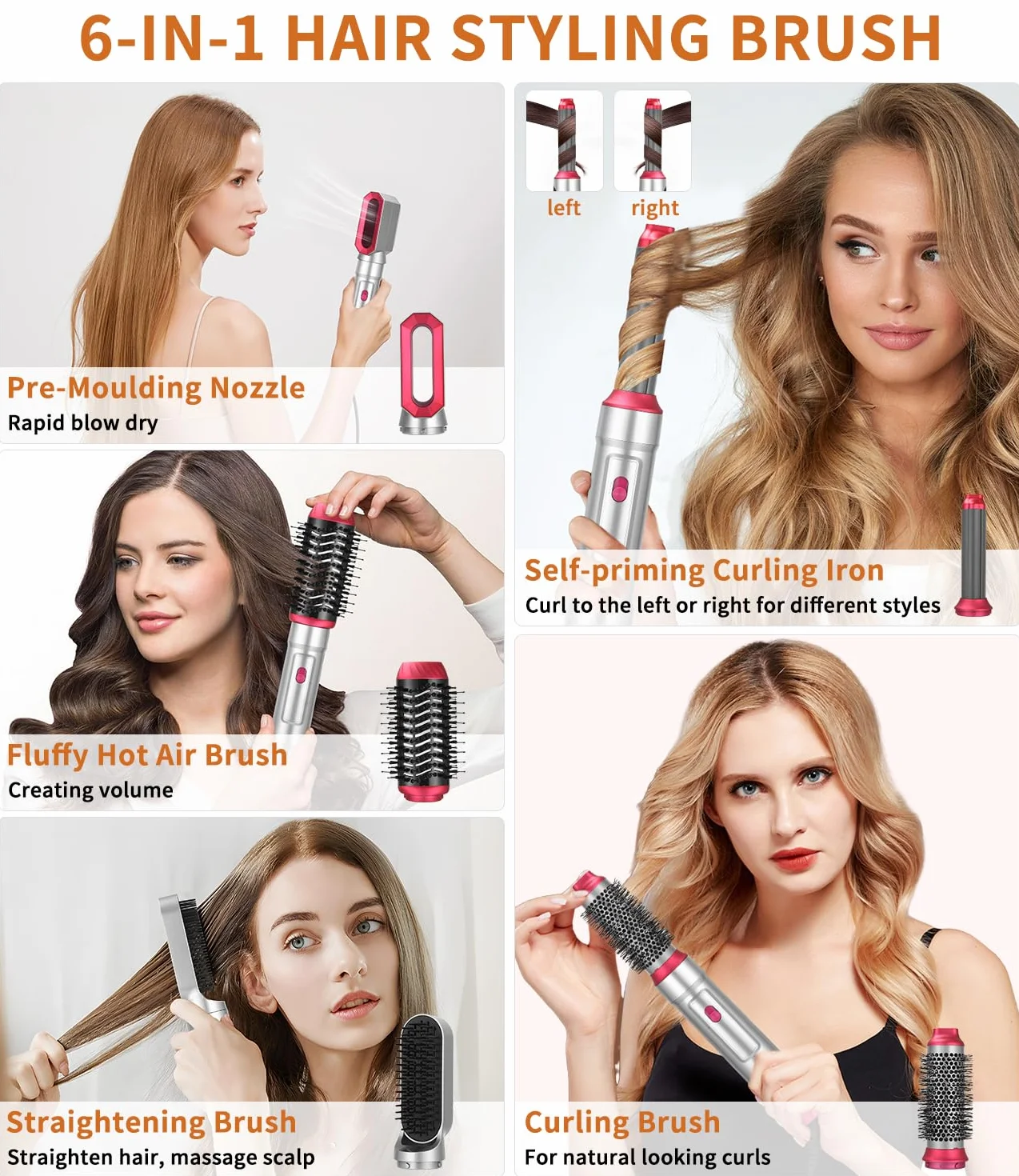 Styler do włosów 6 w 1, szczotka na gorące powietrze z suszarką do włosów 1000 W, lokówka, szczotka z ciepłym powietrzem, okrągła szczotka do prostowania, prostowania, lokowania, suszenia