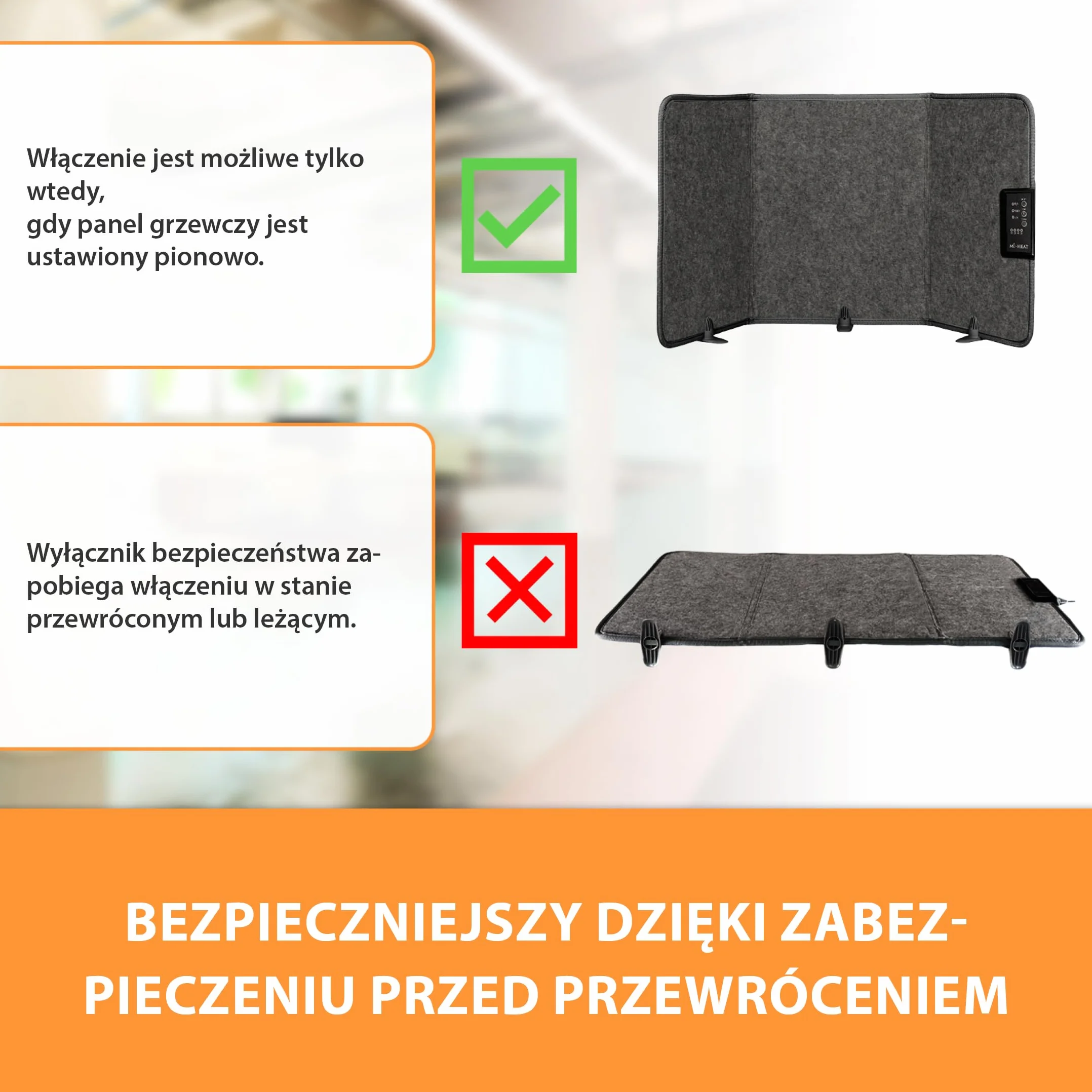 Mi-Heat grzejnik biurkowy na podczerwień panel grzewczy 260W | grzejnik podłogowy do biura biurko stanowisko pracy pod stołem | temperatura do 60°C składany, szary