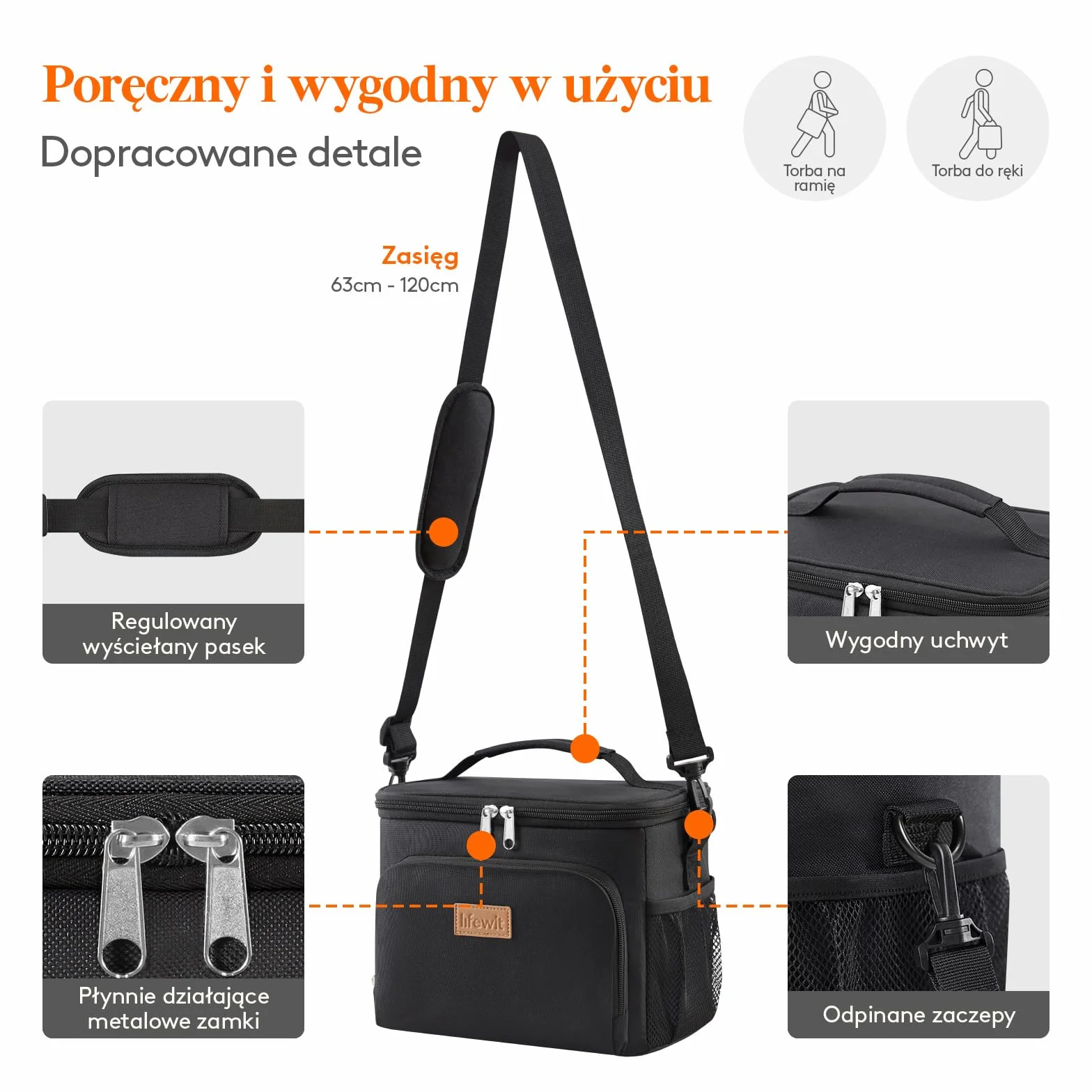 Lifewit Torba na Lunch Termiczna 9L z Regulowanym Paskiem na Ramię Czarny