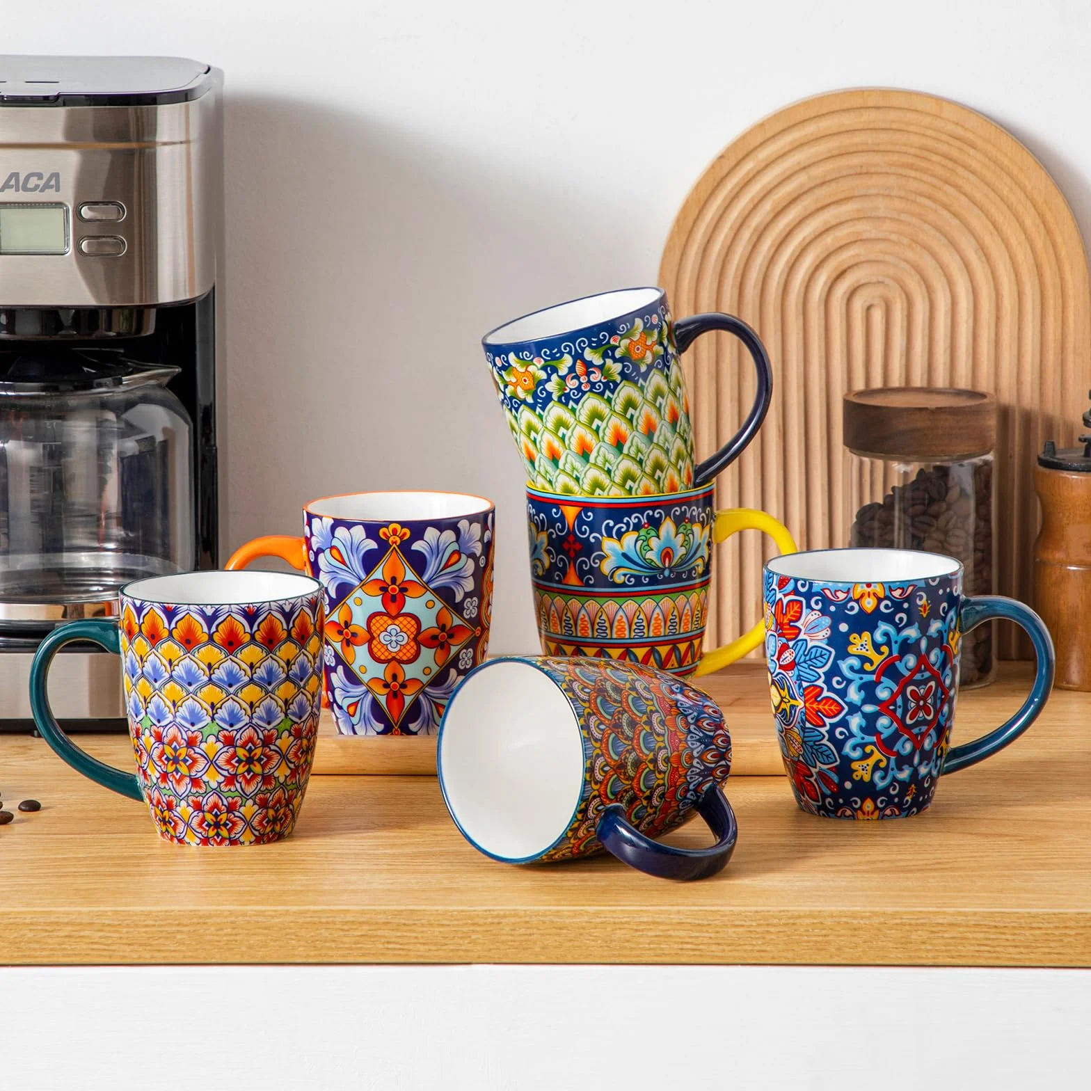 vancasso SIMI Zestaw 6 porcelanowych kubków do kawy, 480 ml, w stylu boho, z uchwytem, nadają się do kuchenki mikrofalowej i zmywarki, nadają się do wszystkich rodzajów napojów