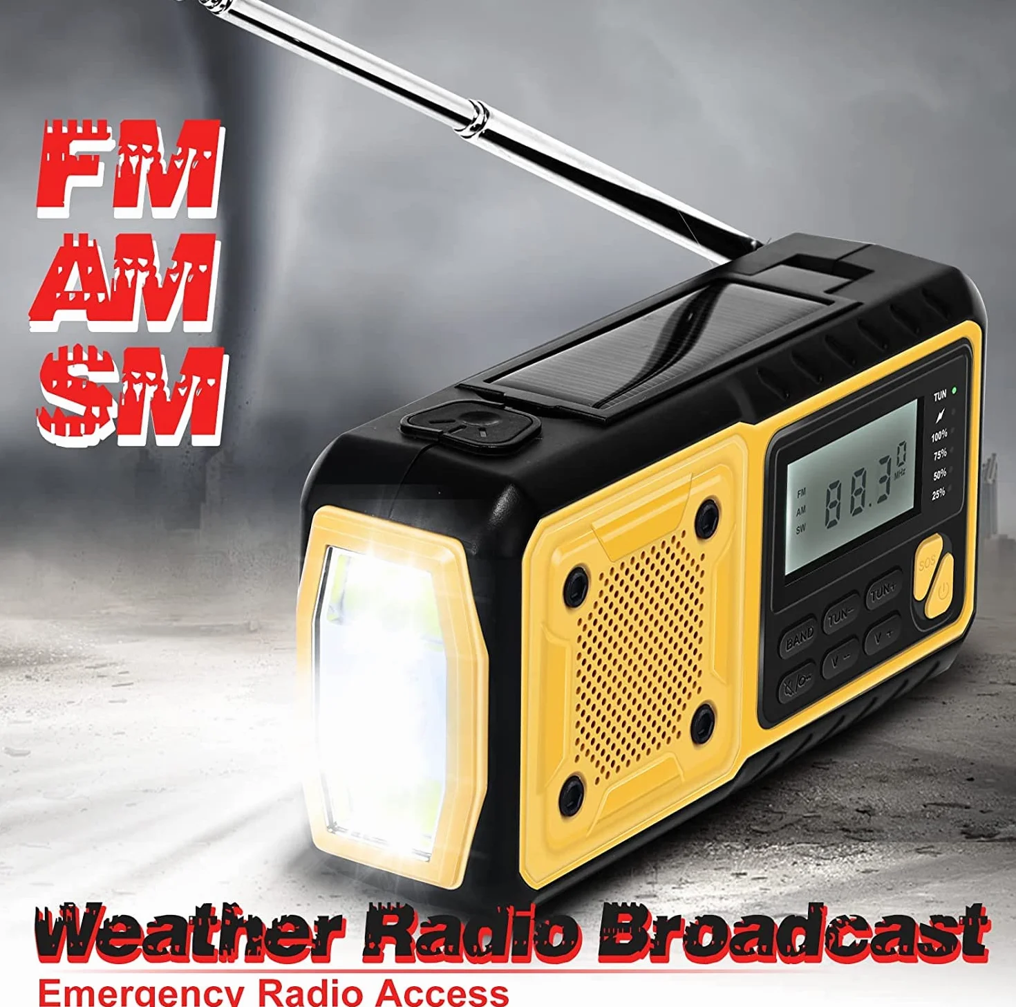 Solarne radio przenośne radio z korbą, radio AM/FM o pojemności 5000 mAh, ładowalna bateria, power bank, radio awaryjne z oświetleniem LED, alarm SOS i kompas, przyłącze do użytku zewnętrznego