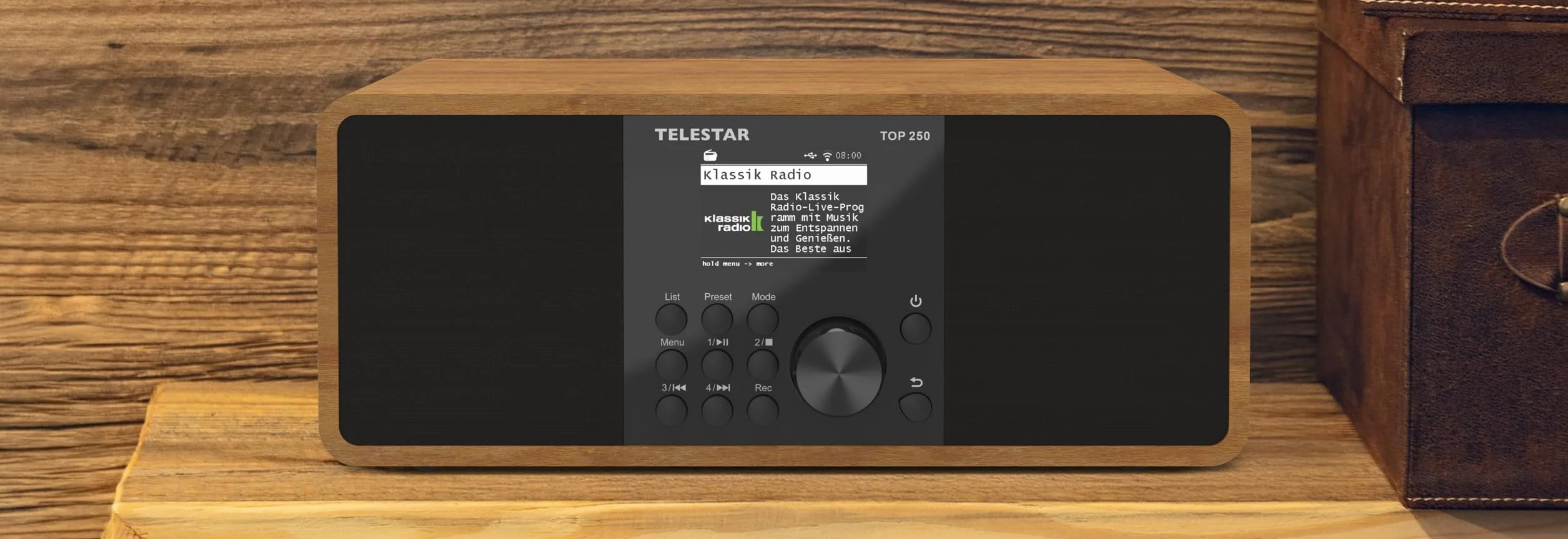 TELESTAR TOP 250 – DAB+/radio internetowe (stereo, 2 × 10 W, funkcja nadawania/odbioru Bluetooth, nagrywanie USB, system alarmowy, sterowanie aplikacją) – drewno