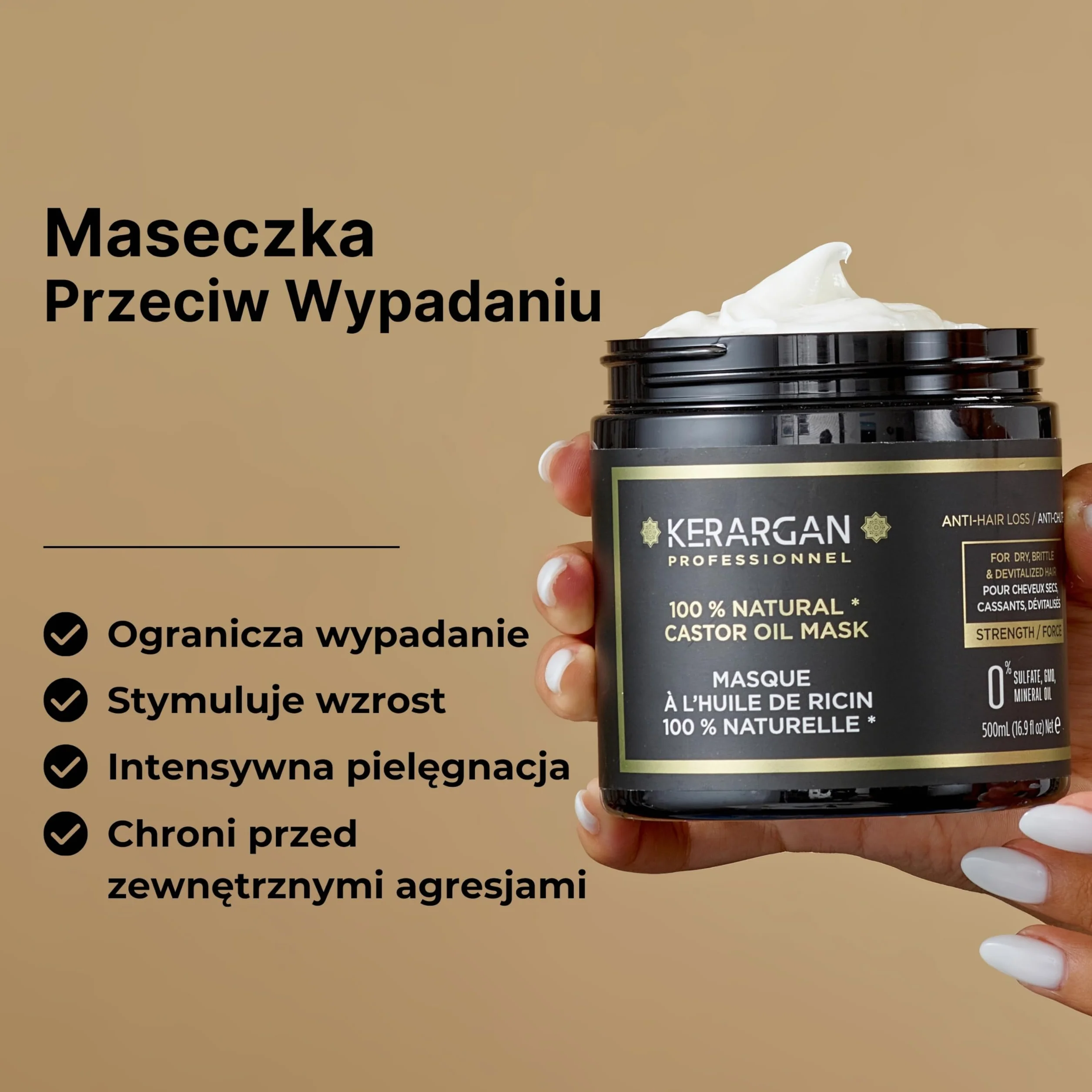 Kerargan - Maska do Włosów Przeciw Wypadaniu z Olejem Rycynowym - Intensywna Pielęgnacja dla Suchych i Łamliwych Włosów - Wzbogacona w Aloes - Bez Sulfatów, GMO, Oleju Mineralnego - 500ml