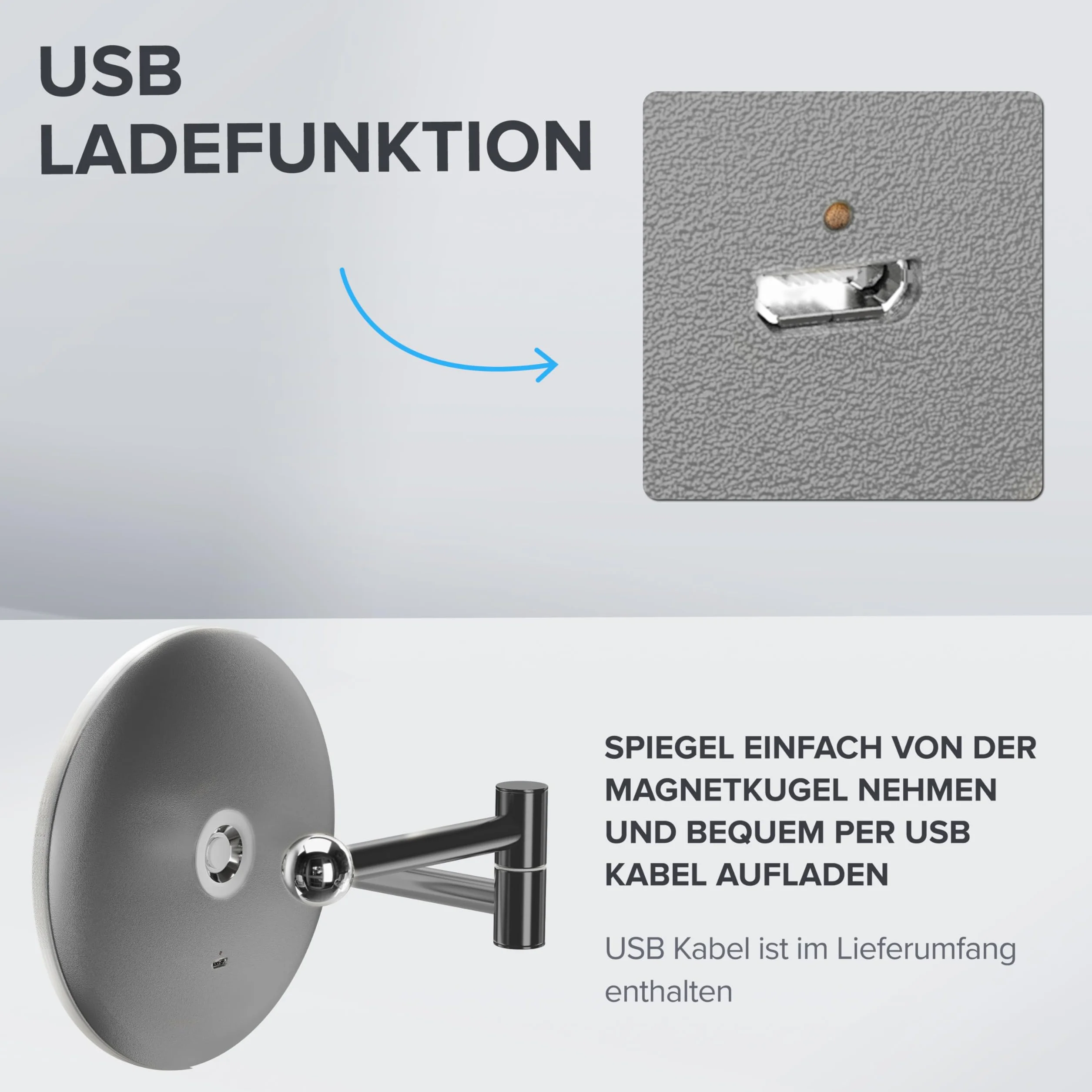 Ovimar Lusterko kosmetyczne Ringstind Gunmetal | z oświetleniem | ładowalne | montaż na ścianie bez wiercenia | do łazienki | 5-krotne lusterko powiększające | lusterko do makijażu ze światłem |