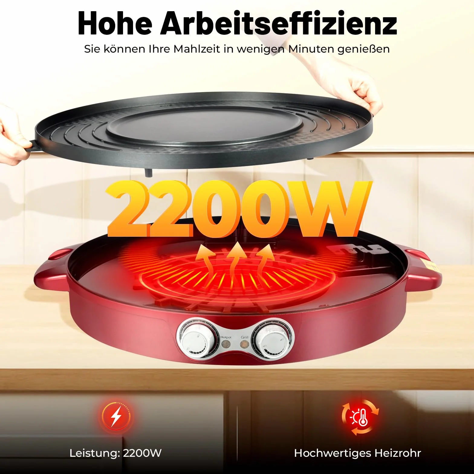 Elektryczny grill i zestaw do fondue 2200 W 44 cm powłoka nieprzywierająca Hot Pot płyta grillowa czerwony