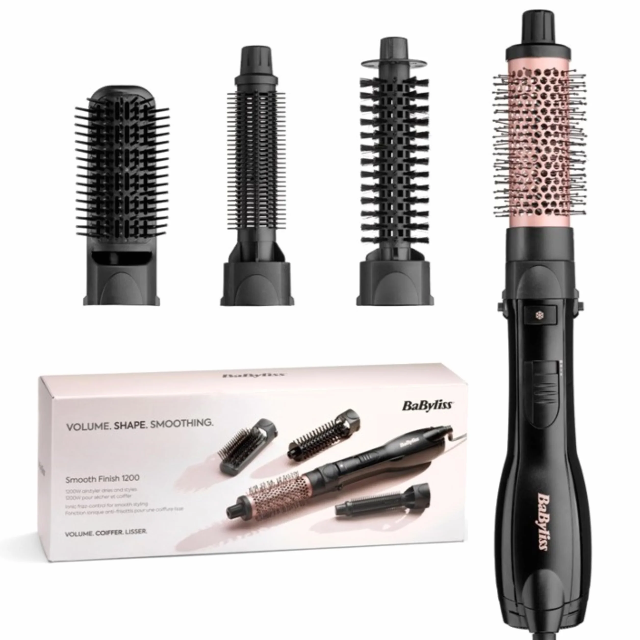 BaByliss Smooth Finish 1200 – Szczotka na Gorące Powietrze 4‑w‑1 do Suszenia, Wygładzania, Modelowania i Nadawania Objętości, Technologia Jonowa & Ceramiczna, 4 Końcówki, 1200W, Czarny/Różowy, AS122E