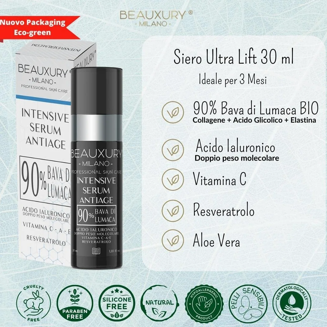 Beauxury Milano Serum przeciwzmarszczkowe do twarzy ze ślimakiem 90% i kremem przeciw starzeniu, efekt unoszący się i unoszący się z kwasem hialuronowym – zestaw Normalizujący Sebo, idealny do skóry