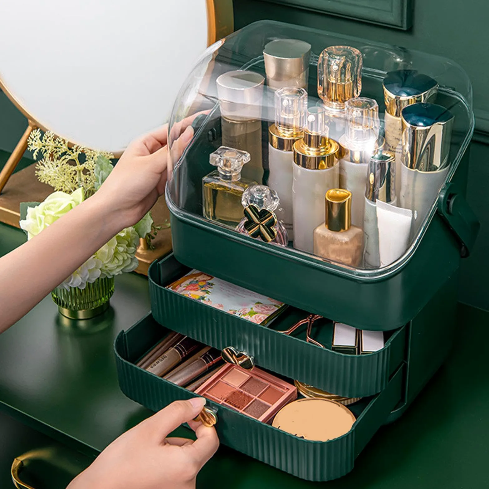 Duży organizer do makijażu na blat roboczy, pojemnik na perfumy i pędzle | Wodoodporny pyłoszczelny organizer do makijażu z przezroczystą pokrywką na blat roboczy na komodę, biuro, łazienkę, kuchnię