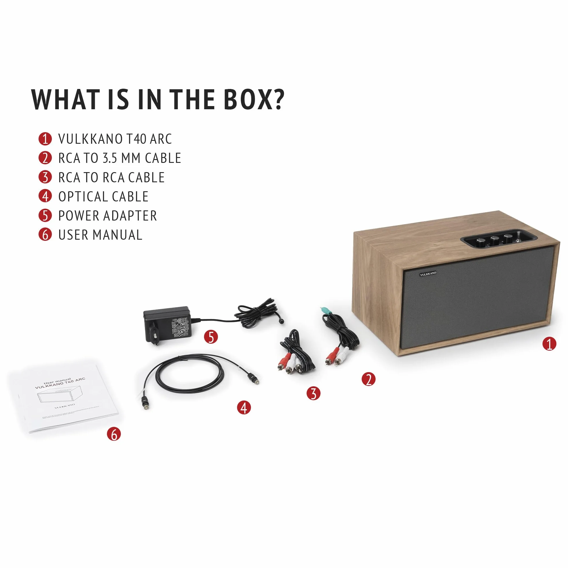 VULKKANO T40 ARC Aktywny Głośnik Stacjonarny o mocy 40 W, HDMI ARC, Bluetooth 5.0, RCA, AUX, USB, wyjście na subwoofer, pilot, Kompaktowy system głośników stereo do Telewizora, Brązowy