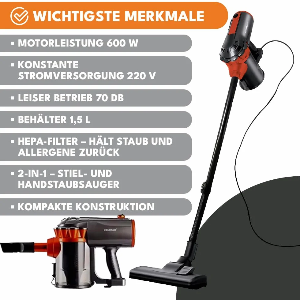 KRUMAD Odkurzacz pionowy 600W Bezworkowy HEPA 1,5L
