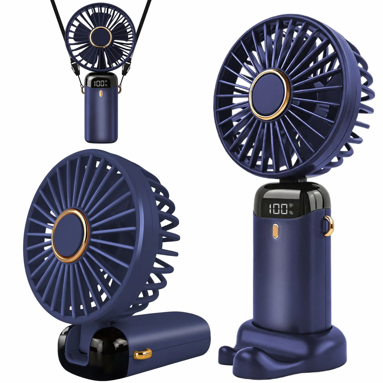Jsdoin Wentylator ręczny, przenośny ręczny wentylator USB z 5 prędkościami, zasilany bateryjnie, mini wentylator, składany wentylator biurkowy z wyświetlaczem LED, do domu, biura, sypialni, na
