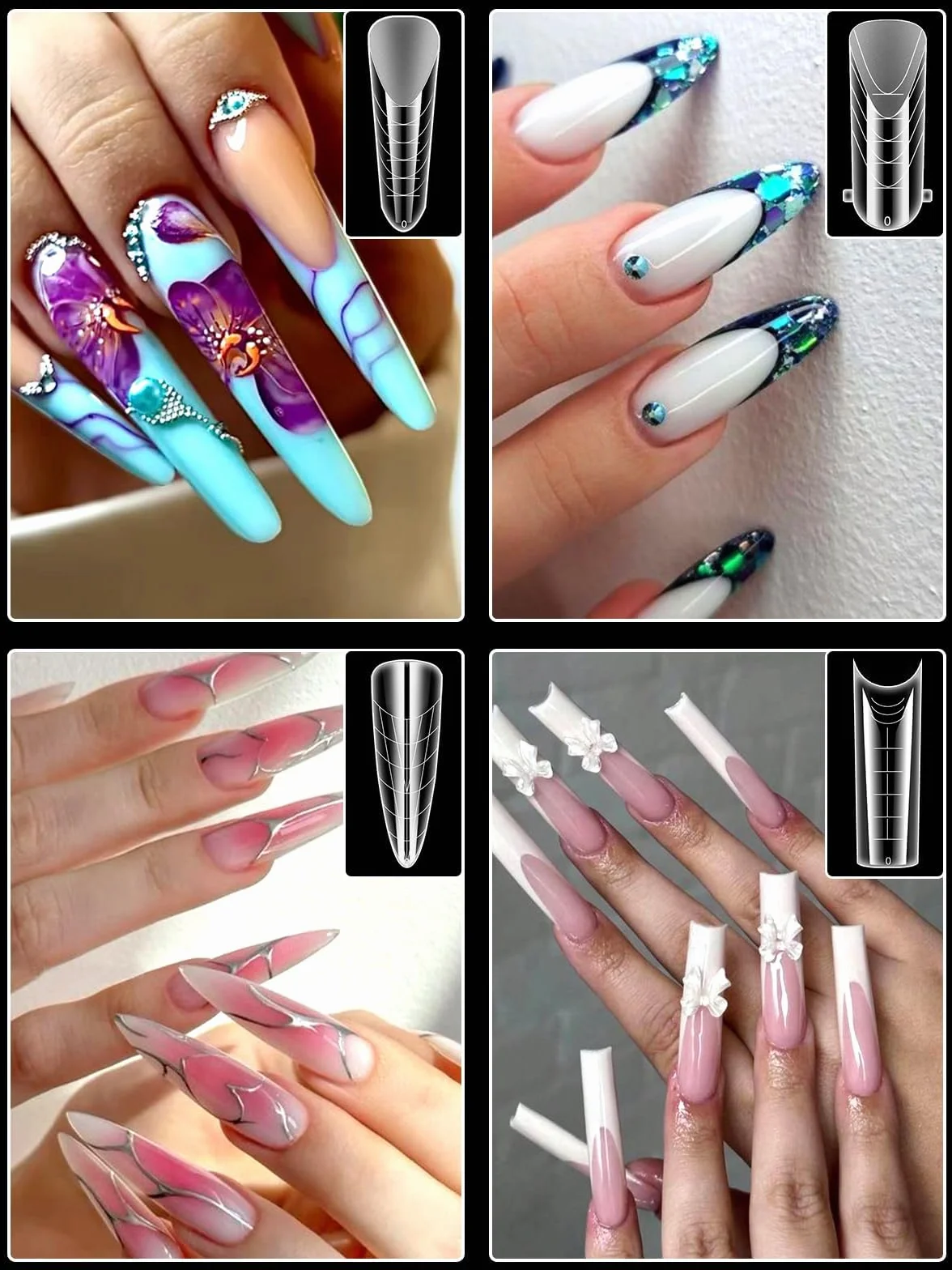 TOROKOM 288 sztuk podwójnych kształtów do manicure francuskiego - przezroczyste akrylowe foremki do rekonstrukcji - 12 stylów i 12 rozmiarów ze skalą - podkładka silikonowa wielokrotnego użytku
