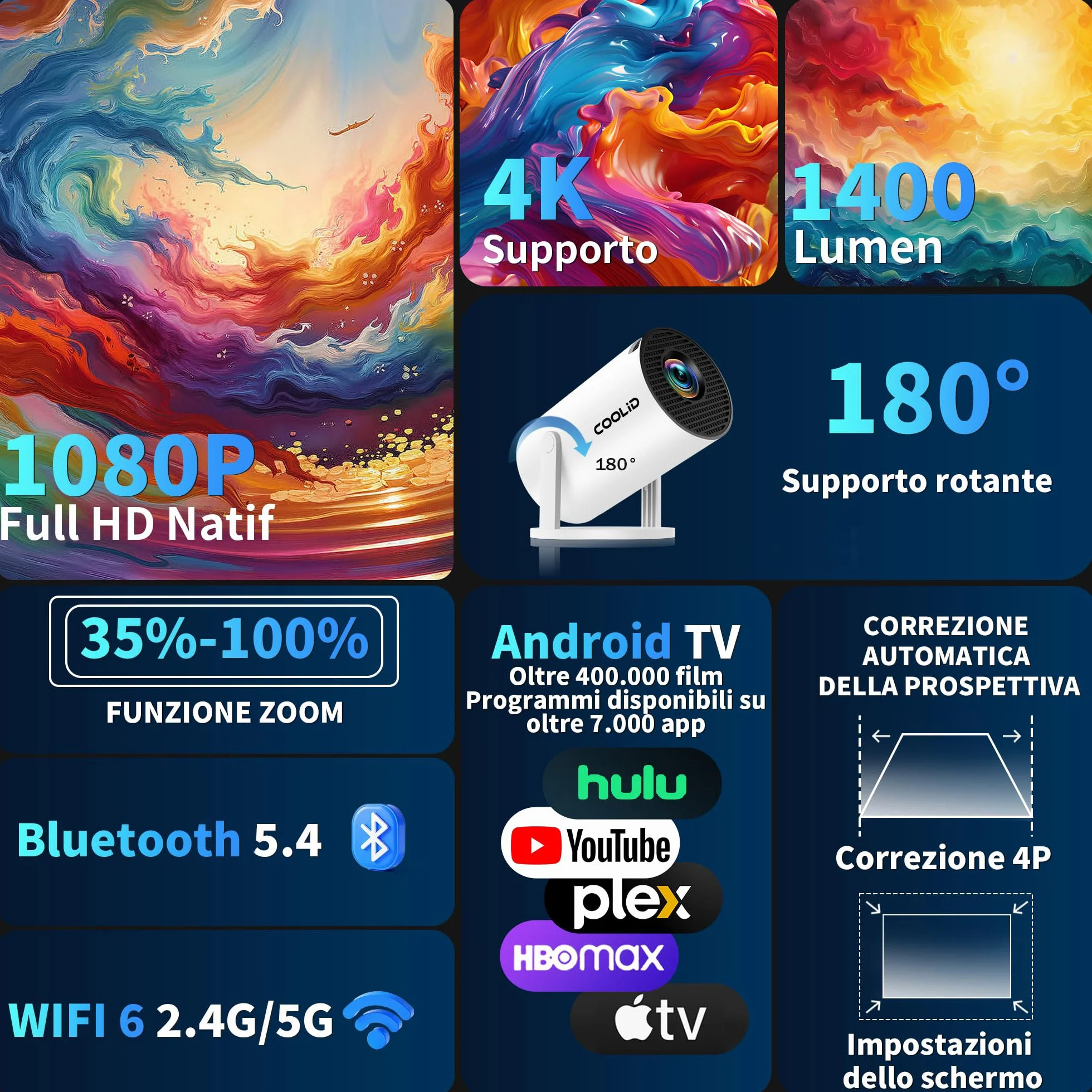 Mini projektor [wbudowana aplikacja i aktualizacja 2026] Przenośny projektor 4K 1080P z 5G WiFi 6 i BT 5.4 obsługuje obrót o 270°, automatyczna korekcja trapezowa, zastosowanie do telewizora Stick/USB
