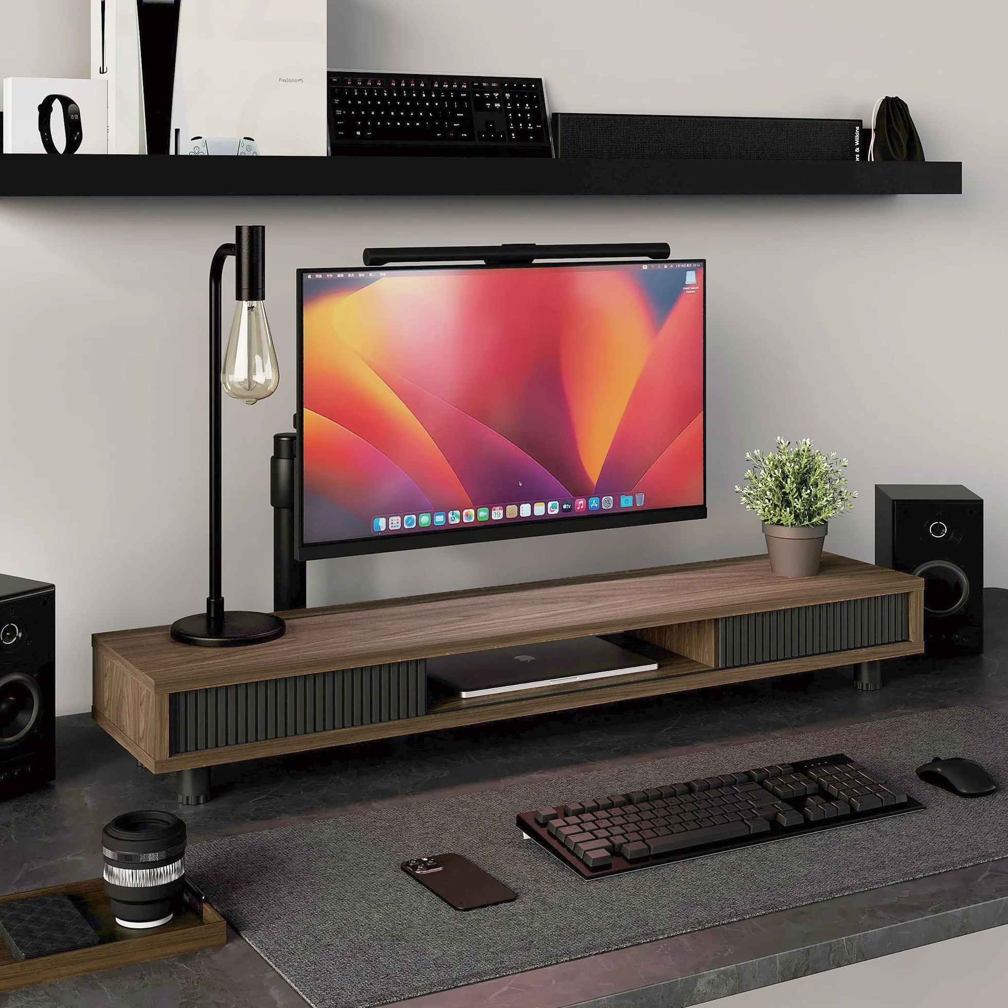 Fenge Podstawka pod monitor z przesuwanymi szklanymi drzwiami, 108 cm, duży stojak na komputer na 2 monitory, PC, laptopa, drukarkę, telewizor, domowe biuro, organizer na biurko (brązowy)