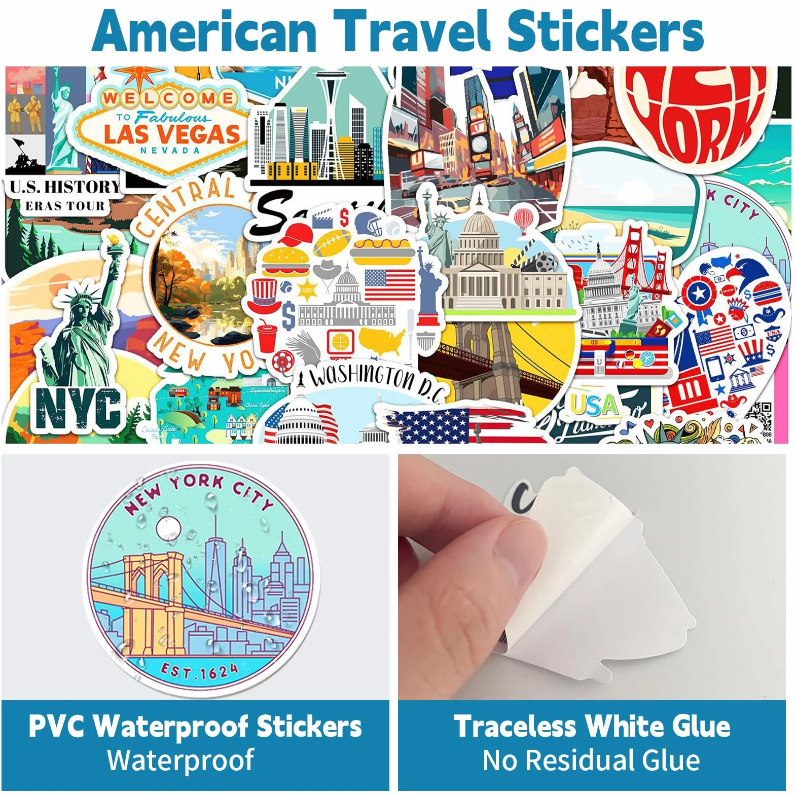 100 sztuk naklejek USA, naklejki America kraje miasta, wodoodporne naklejki do scrapbookingu Ameryka, naklejki podróżne do fotoalbumu New York, naklejki na laptopy, walizki podróżne, samochody