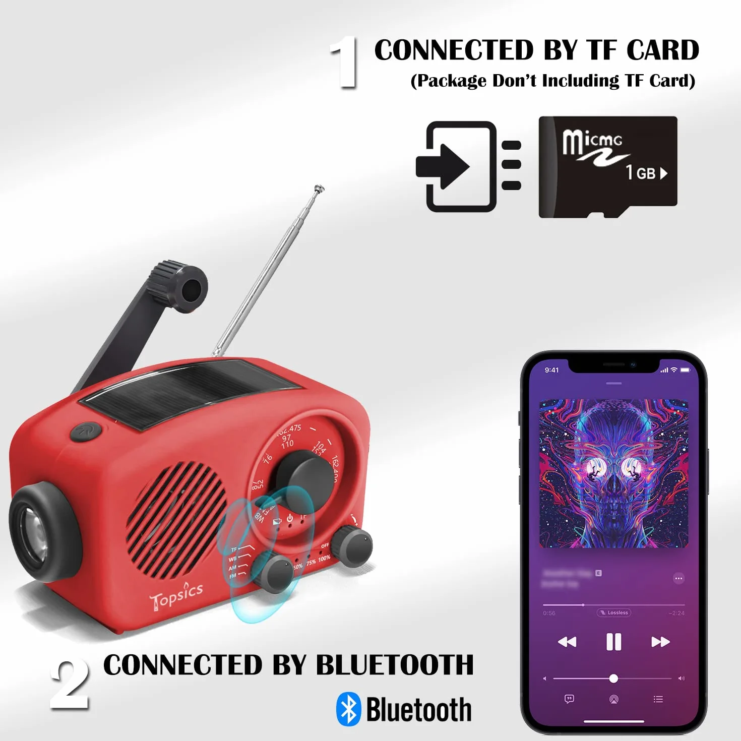 radio zewnętrzne z funkcją Bluetooth, SW/AM/FM z akumulatorem 2000 mAh, małe sytuacje awaryjne, na kemping z latarką, obsługa karty TF / AUX / USB (z kartą TF 1 GB)