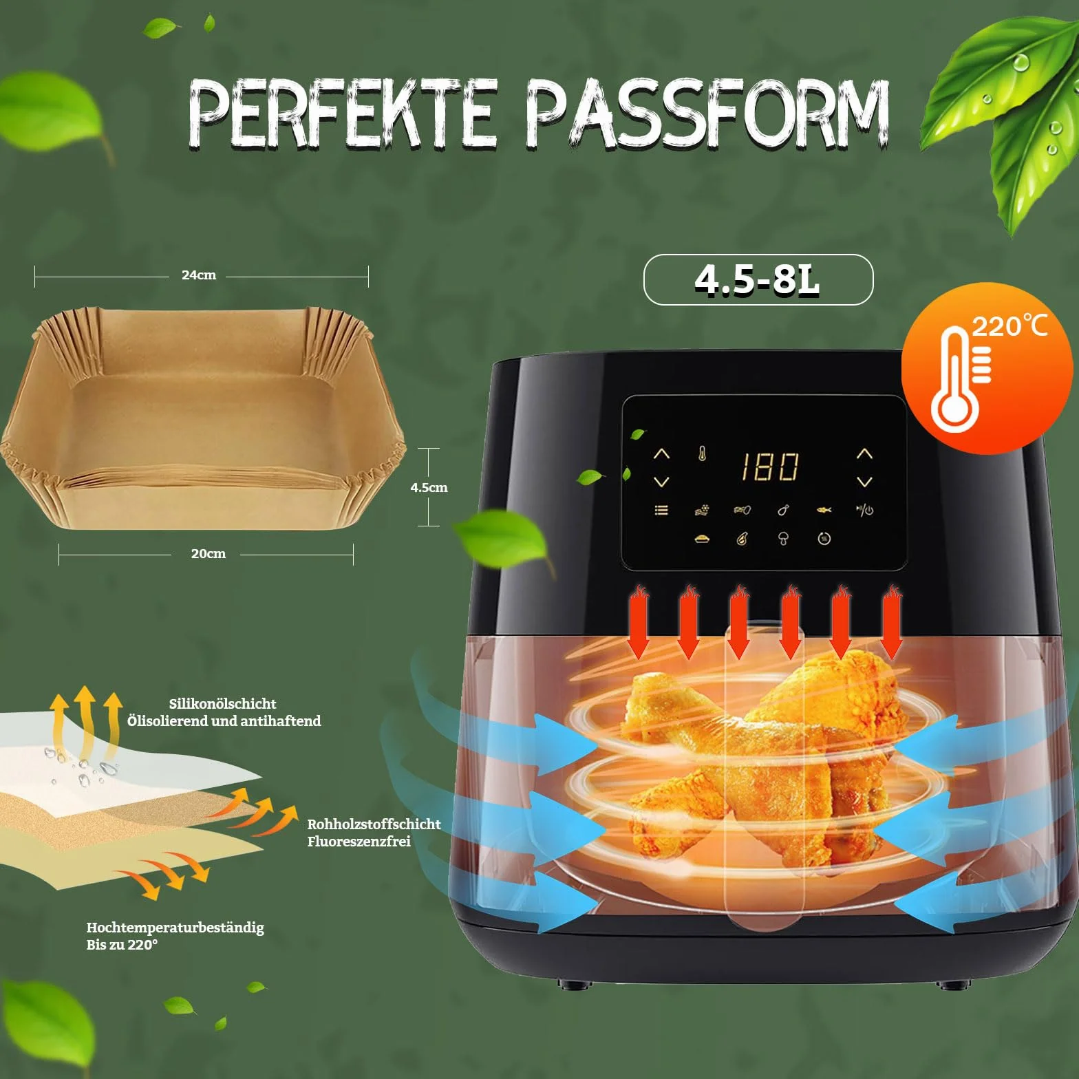 Papier do pieczenia do frytownic na gorące powietrze 110 sztuk 20-24cm 4,5L-8L
