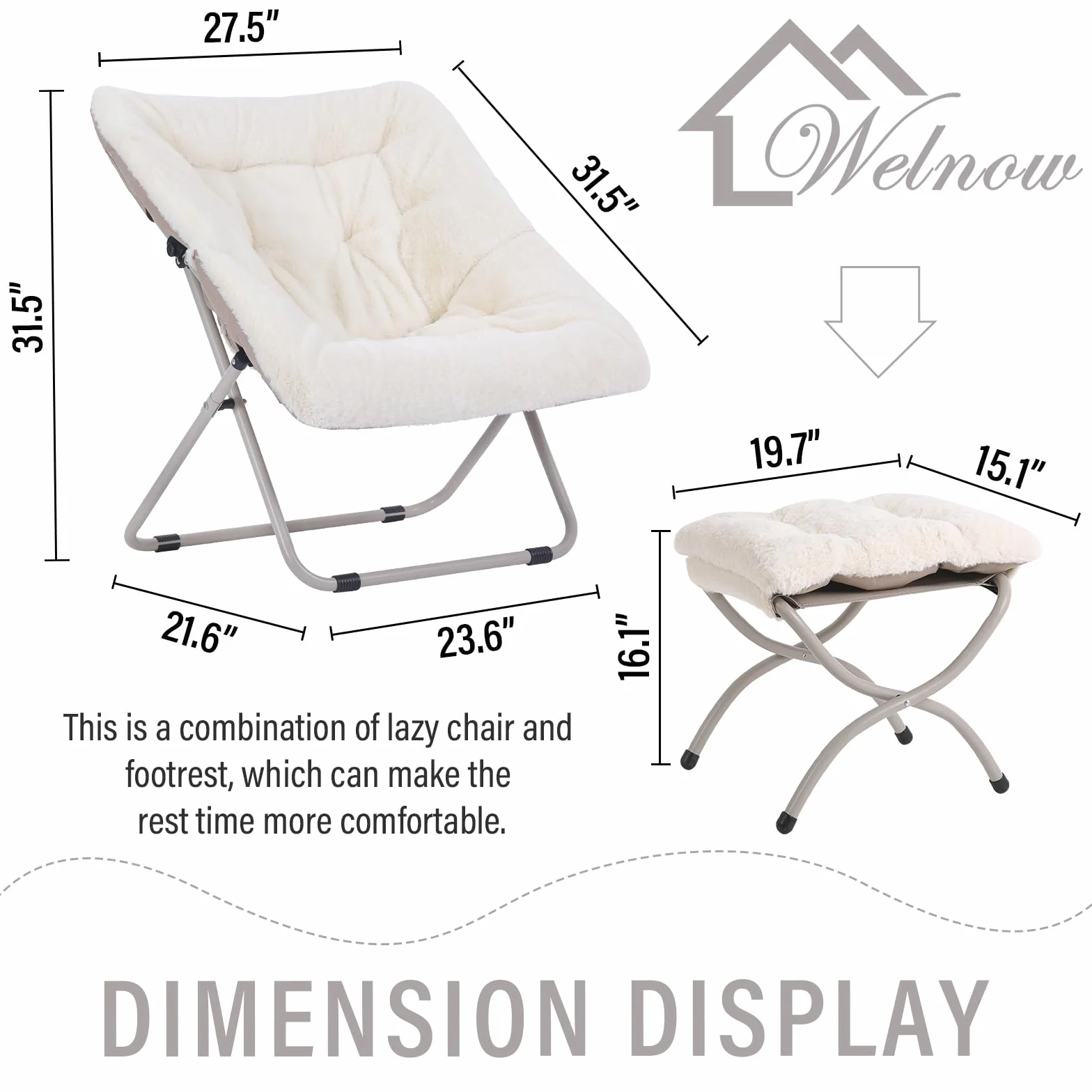 Welnow Comfy Saucer Chair with Otoman, Oversized Folding Fur Chair Soft Furry Lounge Lazy Chair with Metal Frame Moon Chair Accent Chair for Bedroom, Living Room, Dorm Rooms, Beige